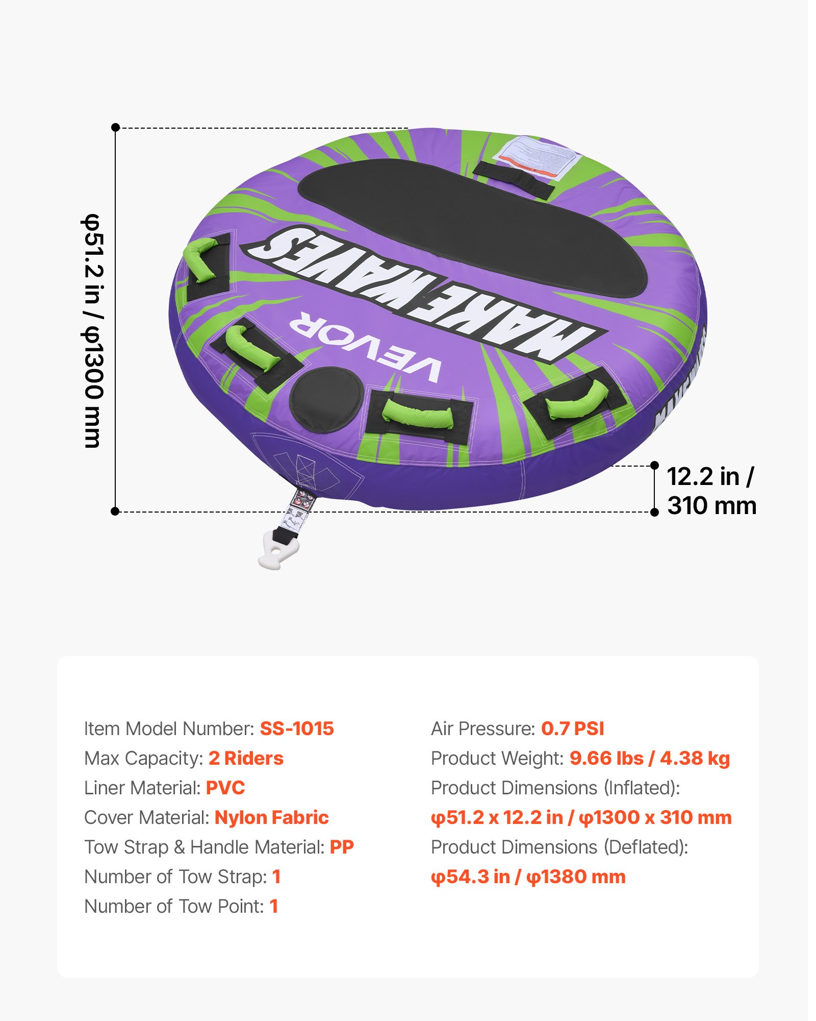 VEVOR Flotador de Arrastre Inflable para Deportes Acuáticos 130 cm, Flotador Remolcable para 2 Personas, Carga de 154 kg, con Almohadilla Antideslizante, Cubierta de Nailon, Asas Acolchadas, Morado