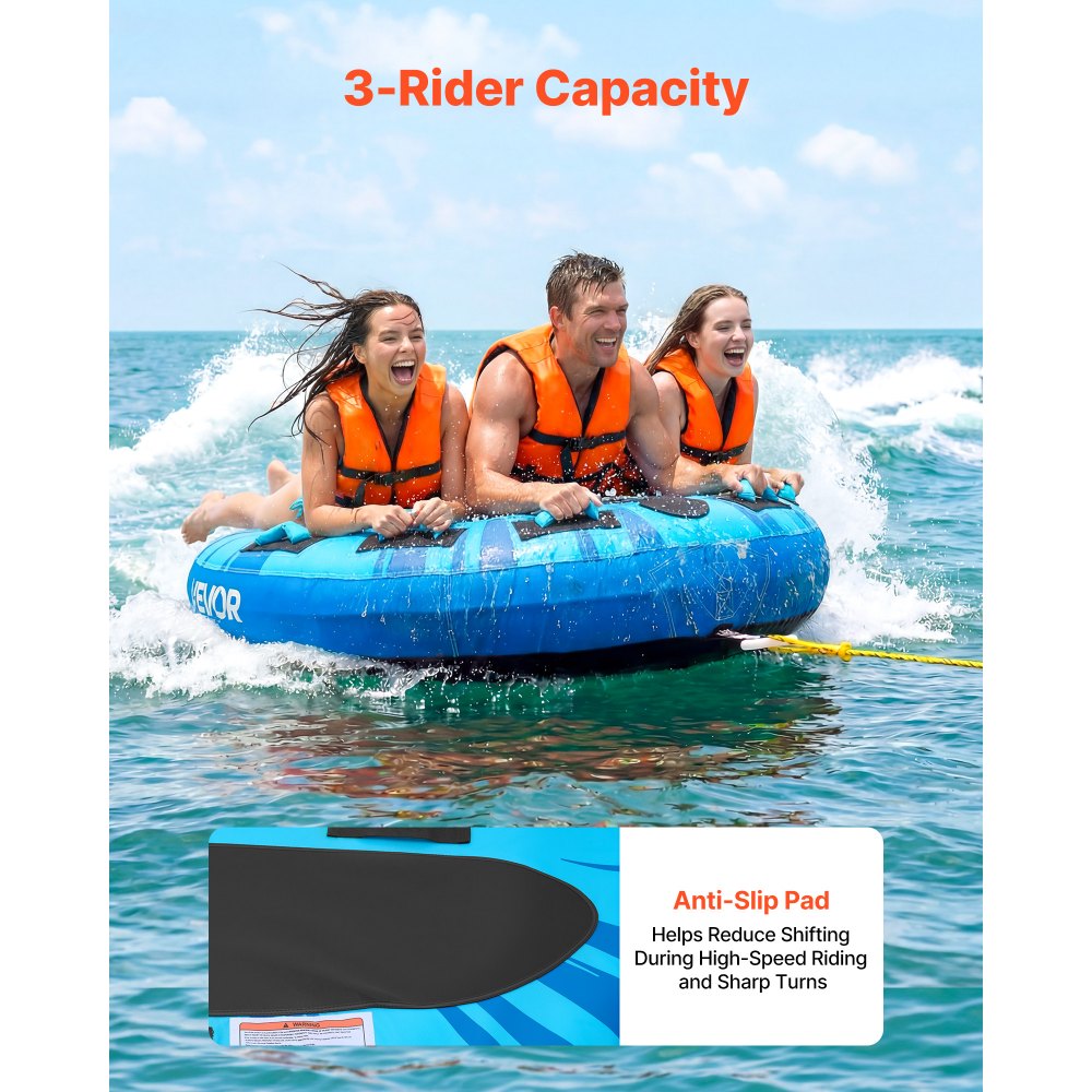 VEVOR Flotador de Arrastre Inflable para Deportes Acuáticos 159,5 cm, Flotador Remolcable para 3 Personas, Carga de 231 kg, con Almohadilla Antideslizante, Cubierta de Nailon, Asas Acolchadas, Azul