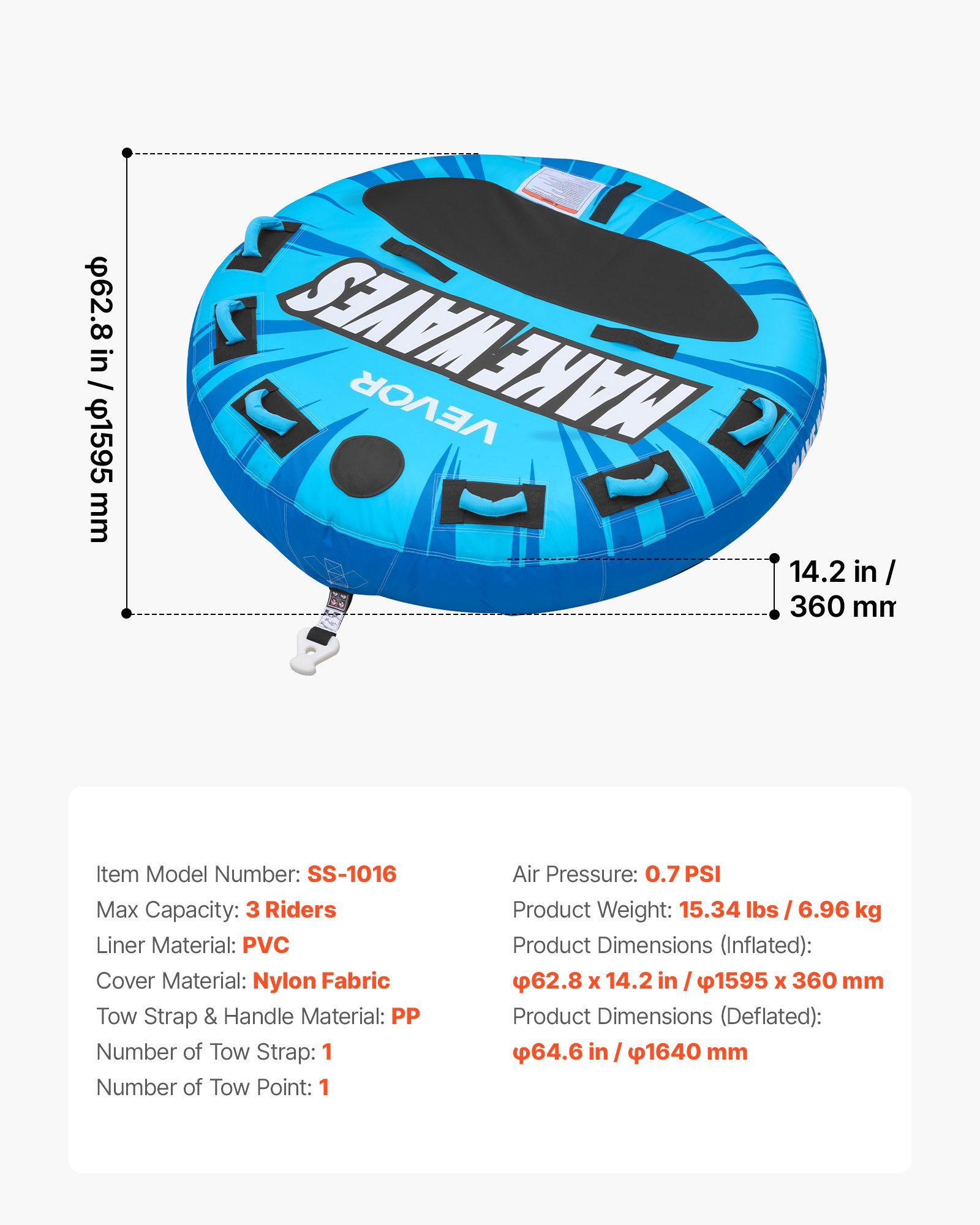 VEVOR Flotador de Arrastre Inflable para Deportes Acuáticos 159,5 cm, Flotador Remolcable para 3 Personas, Carga de 231 kg, con Almohadilla Antideslizante, Cubierta de Nailon, Asas Acolchadas, Azul
