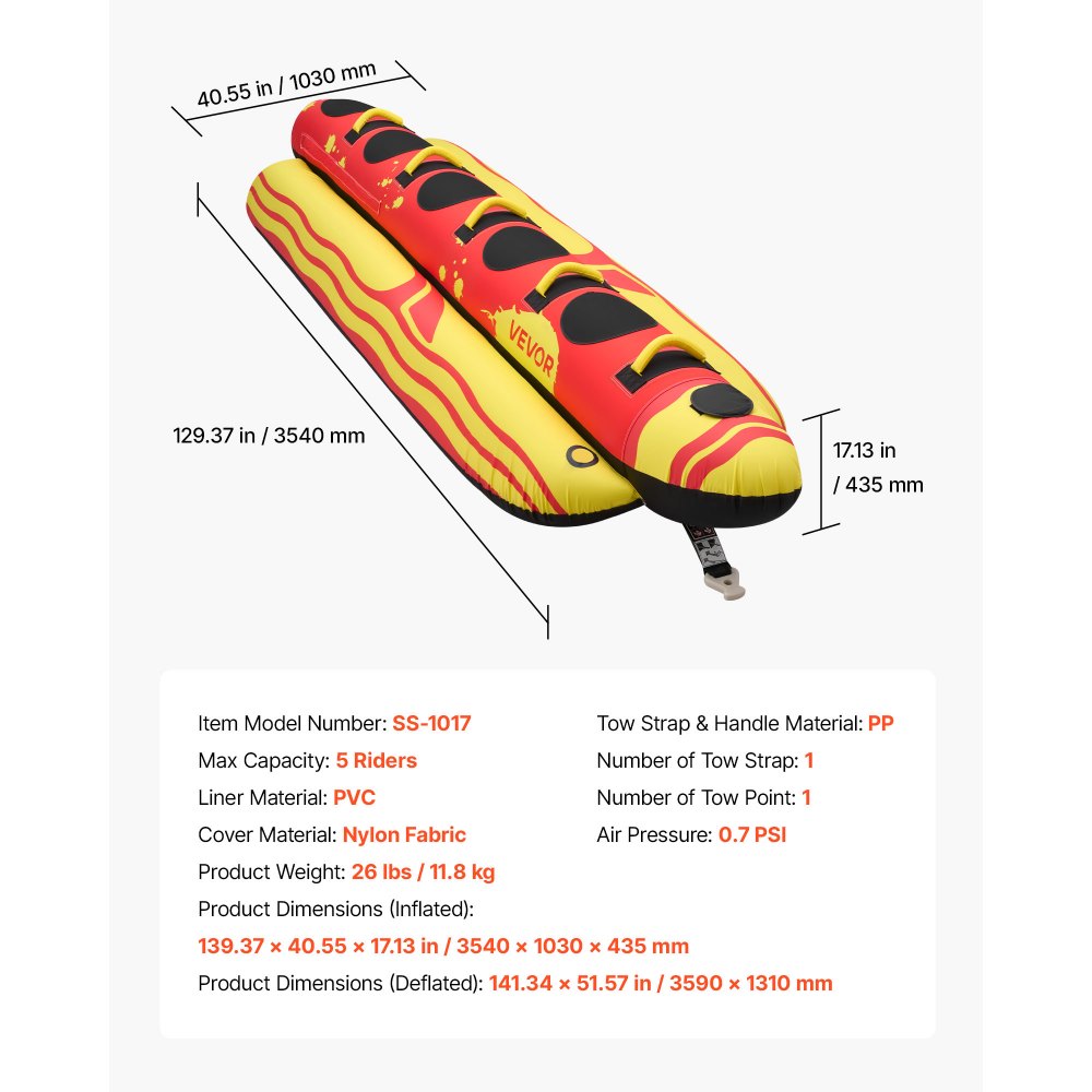 VEVOR Tubo Remolcable para Navegación 5 Pasajeros, Flotador de Arrastre Inflable 354 x 103 cm, Capacidad de 385 kg, para Deportes Acuáticos, con Cubierta Completa de Nailon, Válvula de Seguridad