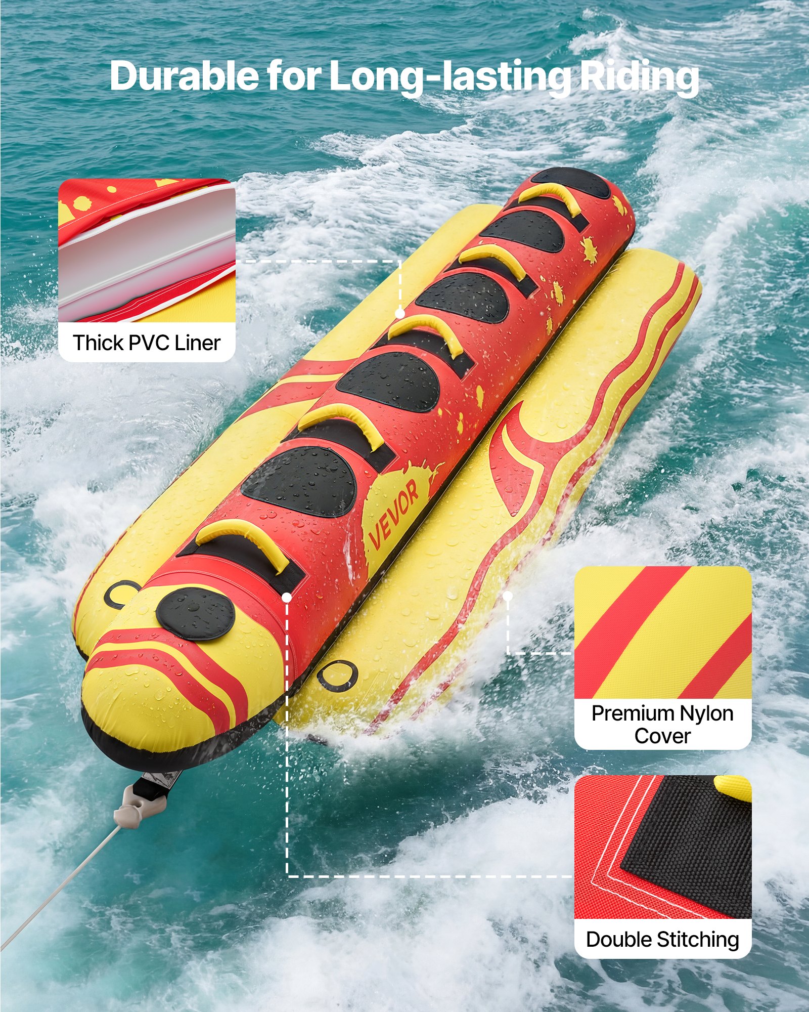 VEVOR Tubo Remolcable para Navegación 5 Pasajeros, Flotador de Arrastre Inflable 354 x 103 cm, Capacidad de 385 kg, para Deportes Acuáticos, con Cubierta Completa de Nailon, Válvula de Seguridad