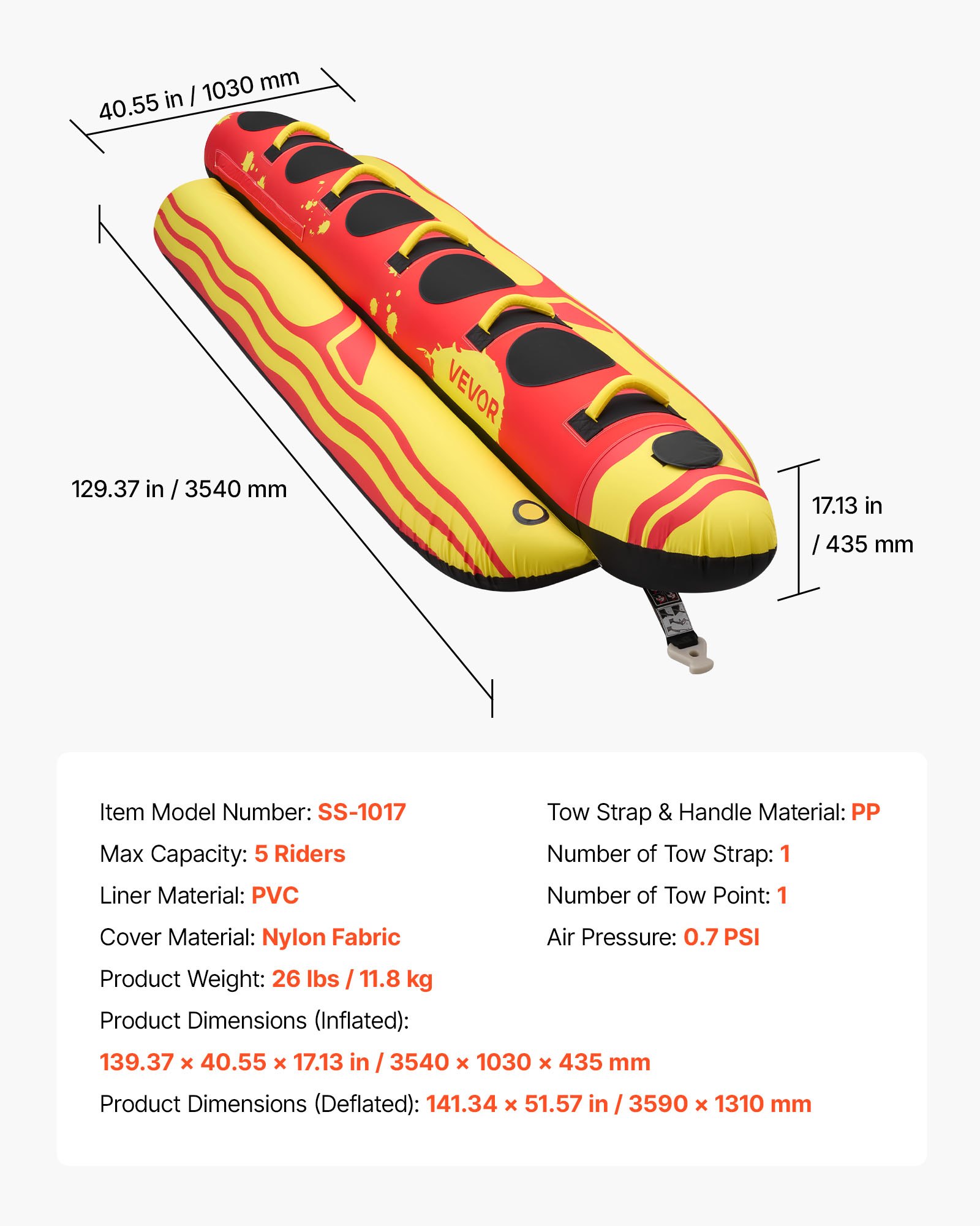 VEVOR Tubo Remolcable para Navegación 5 Pasajeros, Flotador de Arrastre Inflable 354 x 103 cm, Capacidad de 385 kg, para Deportes Acuáticos, con Cubierta Completa de Nailon, Válvula de Seguridad