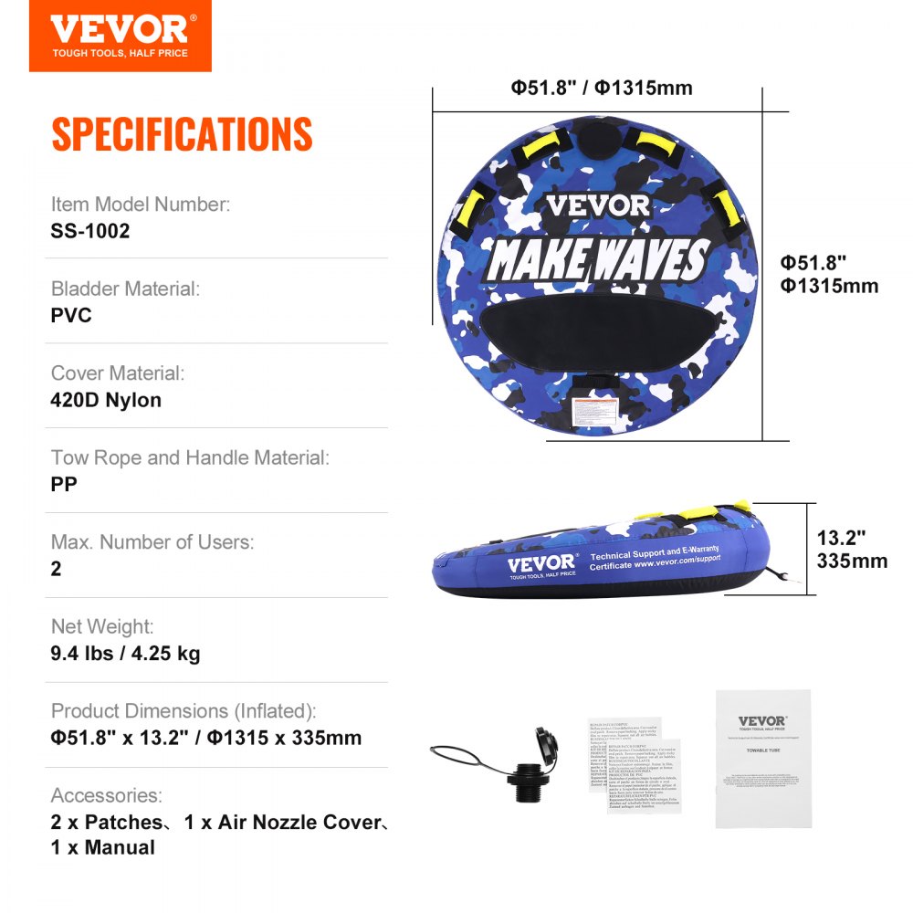 VEVOR Almohadilla Inflable con Tubo Remolcable, Carga de 154kg 1-2 Pasajeros Tubos Remolcables Redondos para Deporte Acuático de 1315mm para Barcos, Cubierta Completa de Nailon, Asas de Agarre EVA