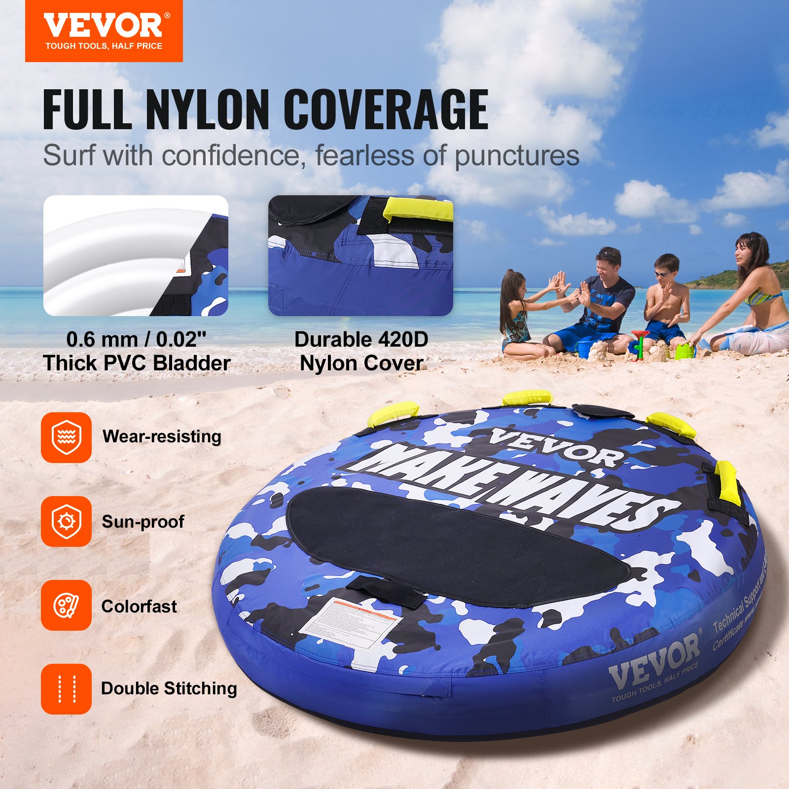 VEVOR Almohadilla Inflable con Tubo Remolcable, Carga de 154kg 1-2 Pasajeros Tubos Remolcables Redondos para Deporte Acuático de 1315mm para Barcos, Cubierta Completa de Nailon, Asas de Agarre EVA