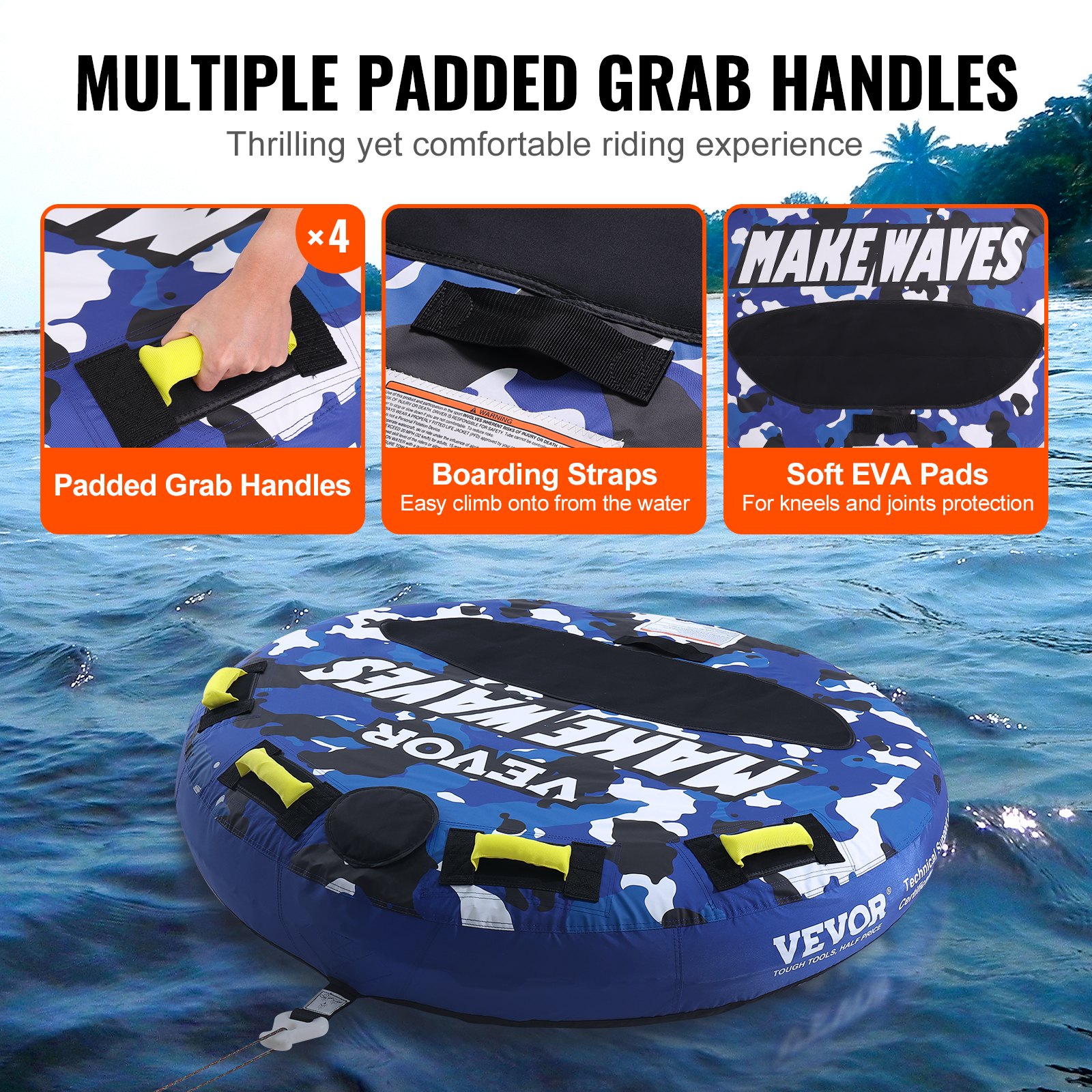 VEVOR Almohadilla Inflable con Tubo Remolcable, Carga de 154kg 1-2 Pasajeros Tubos Remolcables Redondos para Deporte Acuático de 1315mm para Barcos, Cubierta Completa de Nailon, Asas de Agarre EVA