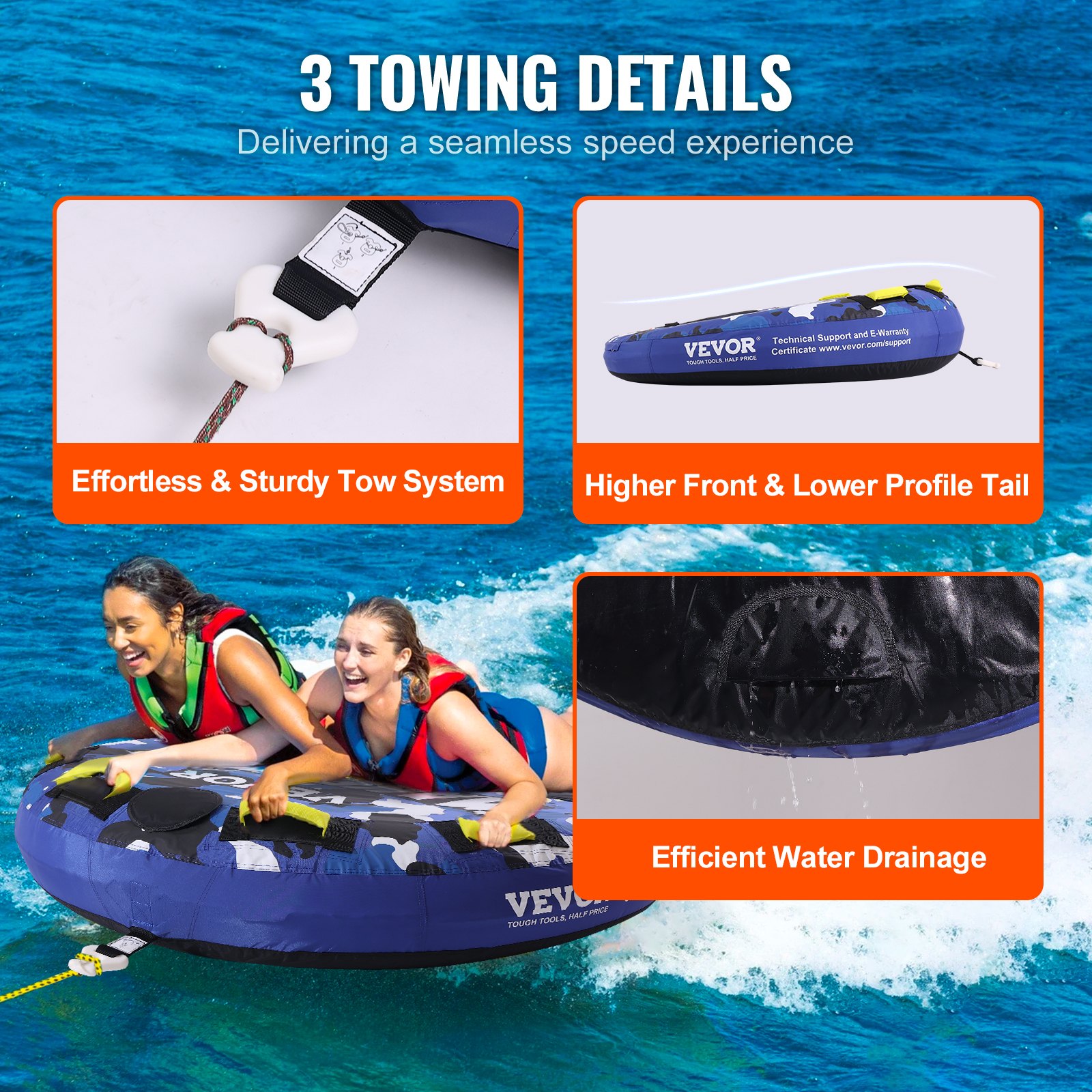 VEVOR Almohadilla Inflable con Tubo Remolcable, Carga de 154kg 1-2 Pasajeros Tubos Remolcables Redondos para Deporte Acuático de 1315mm para Barcos, Cubierta Completa de Nailon, Asas de Agarre EVA
