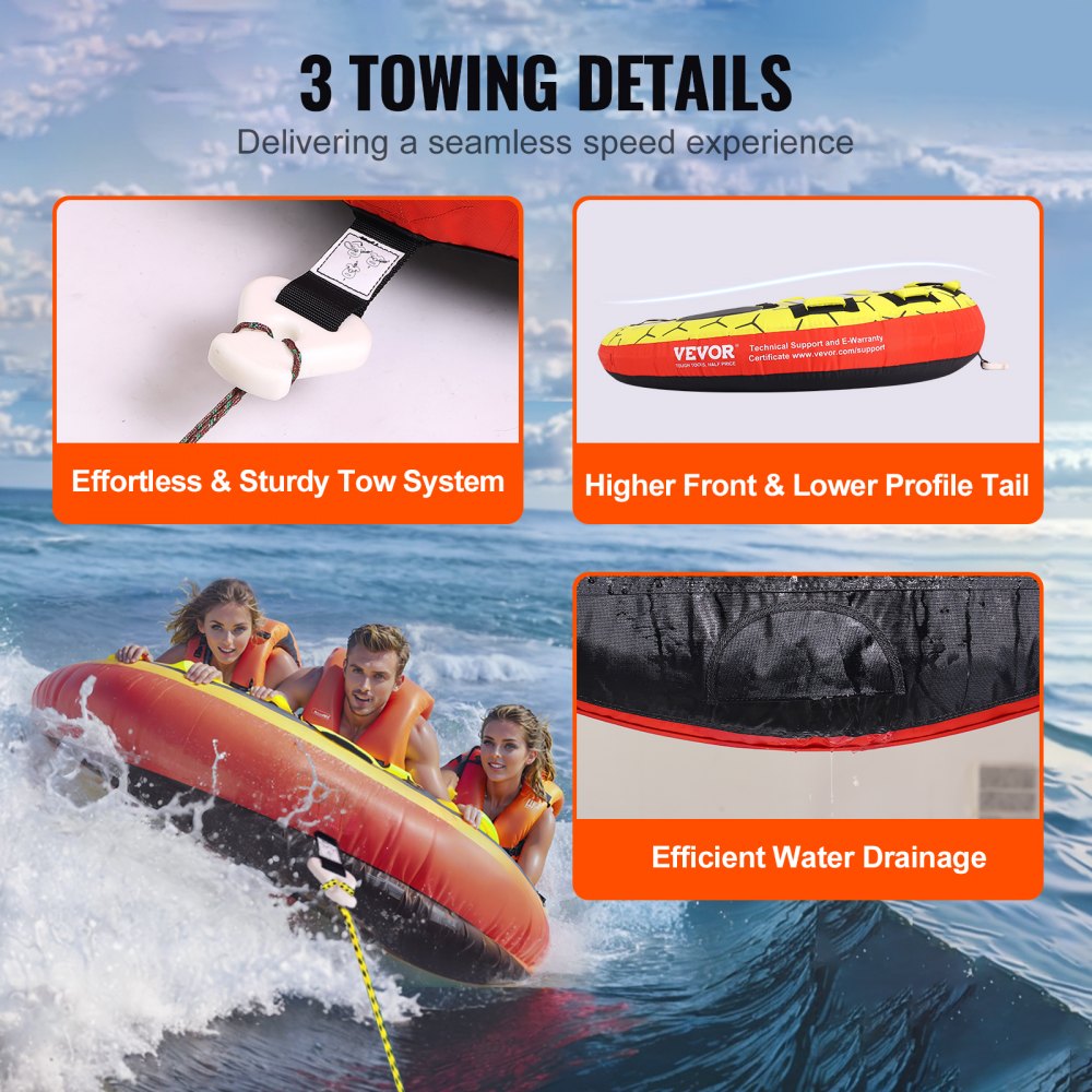 VEVOR Almohadilla Inflable con Tubo Remolcable, Carga de 231kg 1-3 Pasajeros Tubos Remolcables Redondos para Deporte Acuático de 1600mm para Barcos, Cubierta Completa de Nailon, Asas de Agarre EVA