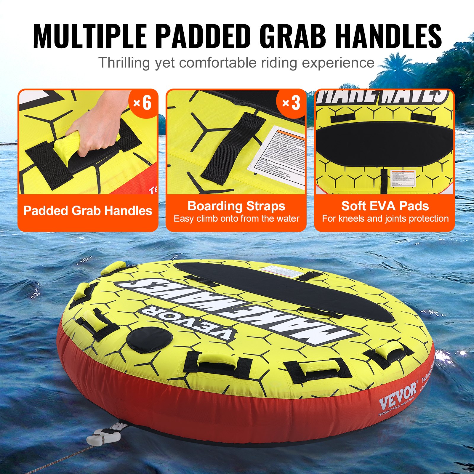 VEVOR Almohadilla Inflable con Tubo Remolcable, Carga de 231kg 1-3 Pasajeros Tubos Remolcables Redondos para Deporte Acuático de 1600mm para Barcos, Cubierta Completa de Nailon, Asas de Agarre EVA