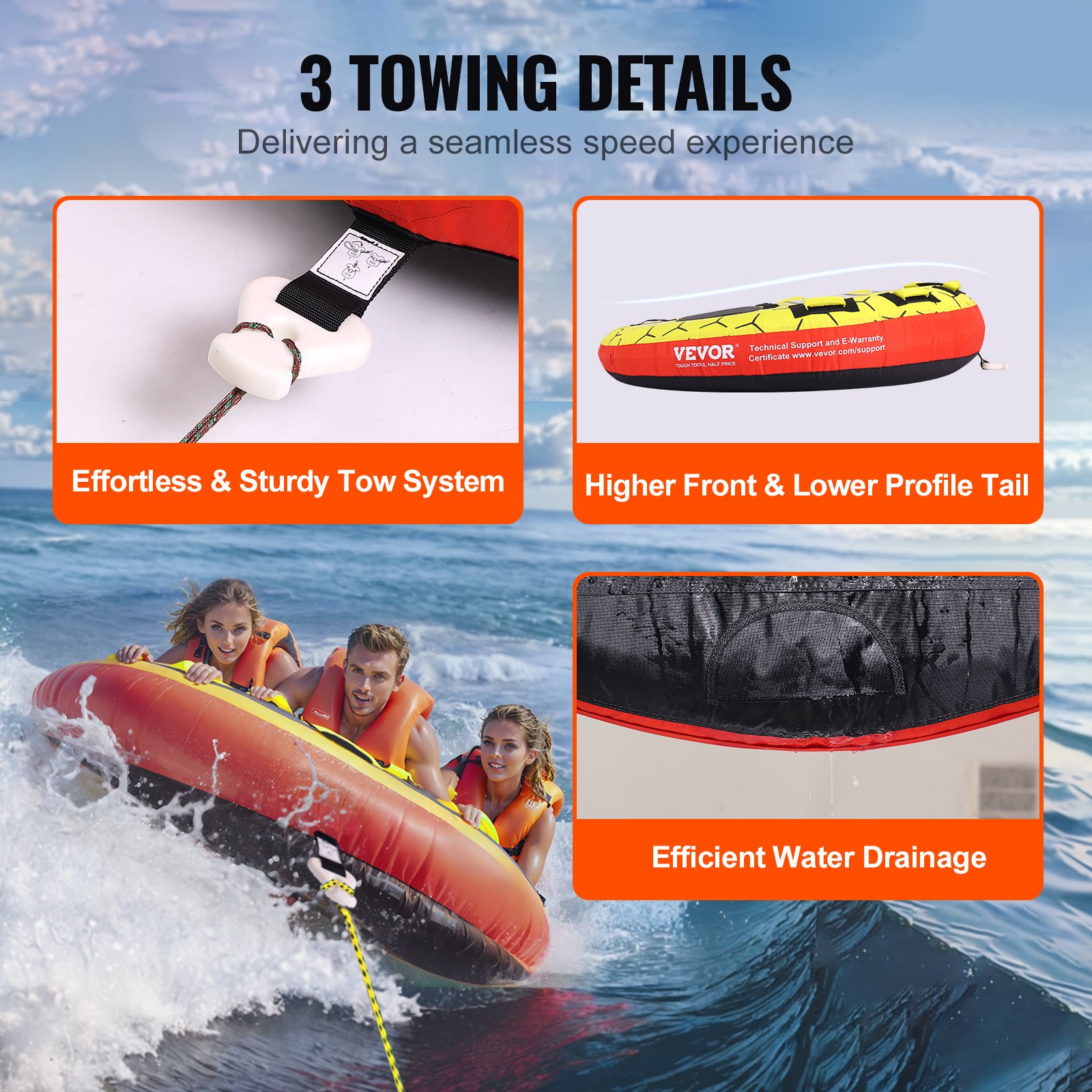 VEVOR Almohadilla Inflable con Tubo Remolcable, Carga de 231kg 1-3 Pasajeros Tubos Remolcables Redondos para Deporte Acuático de 1600mm para Barcos, Cubierta Completa de Nailon, Asas de Agarre EVA
