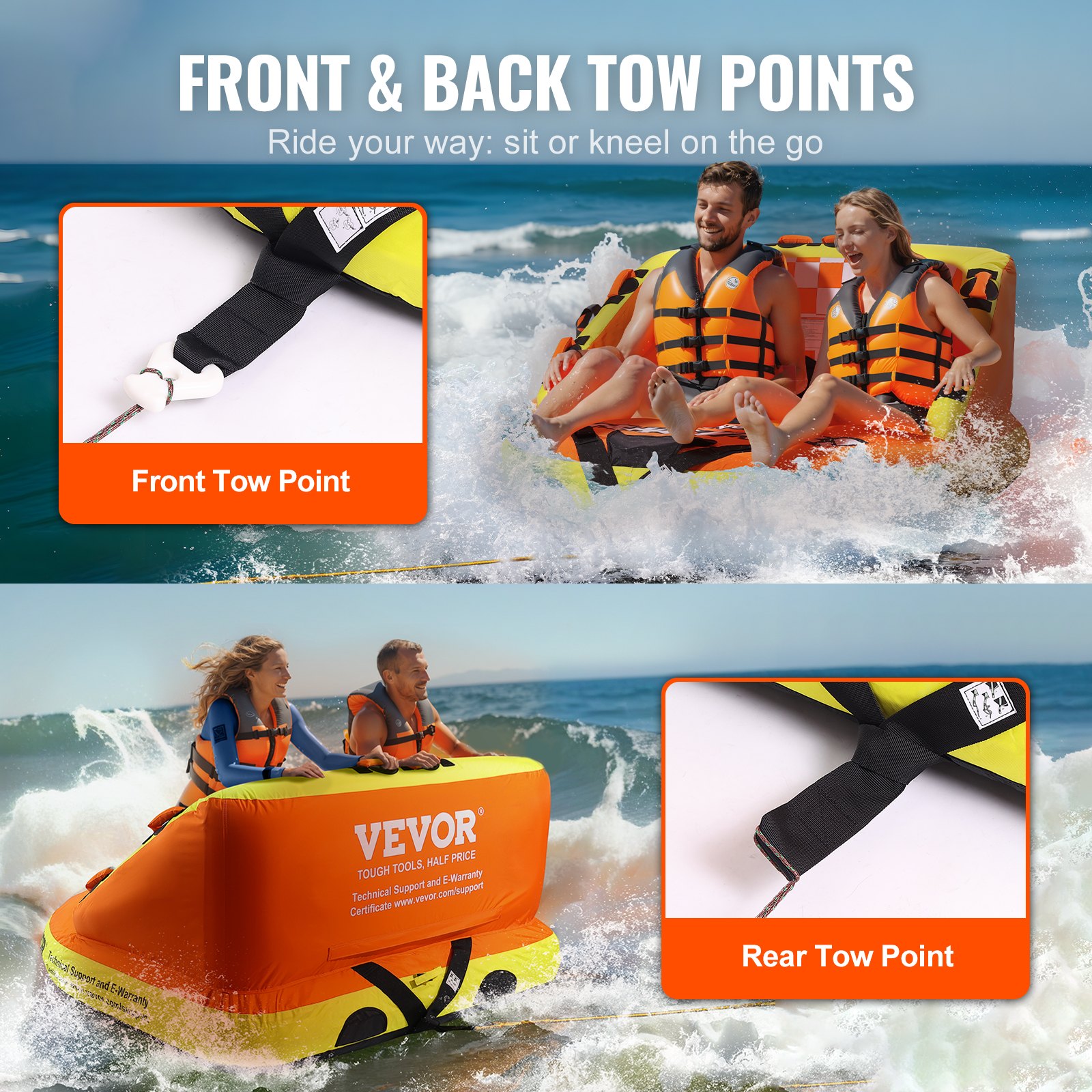 VEVOR Sofá Inflable con Tubo Remolcable Asientos de Cubierta y Respaldo Carga de 154kg 1-2 Pasajeros Tubos Remolcables para Deporte Acuático con parachoques para Barcos Cubierta Completa de Nailon