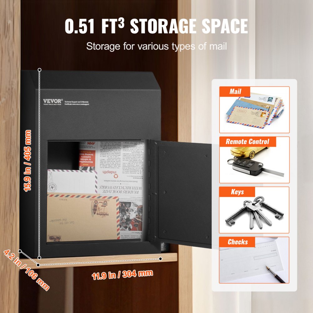 VEVOR Buzón de Puerta Empotrada 304 x 150 x 405 mm Buzón de Entrega de Correo a Través de Puerta 43 mm Acero Resistente Cerradura con Llave para Cartas, Cheques, Llaves, Hogar, Oficina, Negro