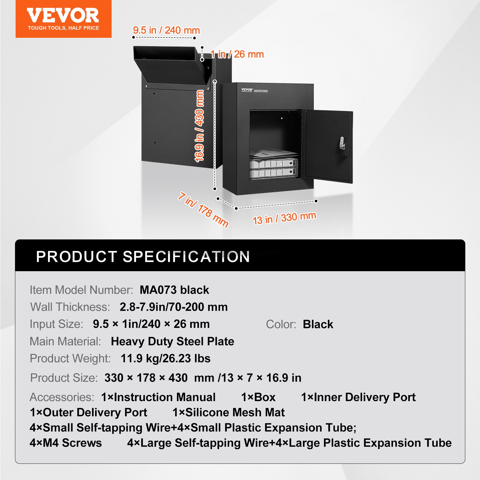 VEVOR through-the-wall mailbox, robust built-in steel mailbox for walls 70 to 200 mm thick, combination lock, 330 x 178 x 430 mm, black