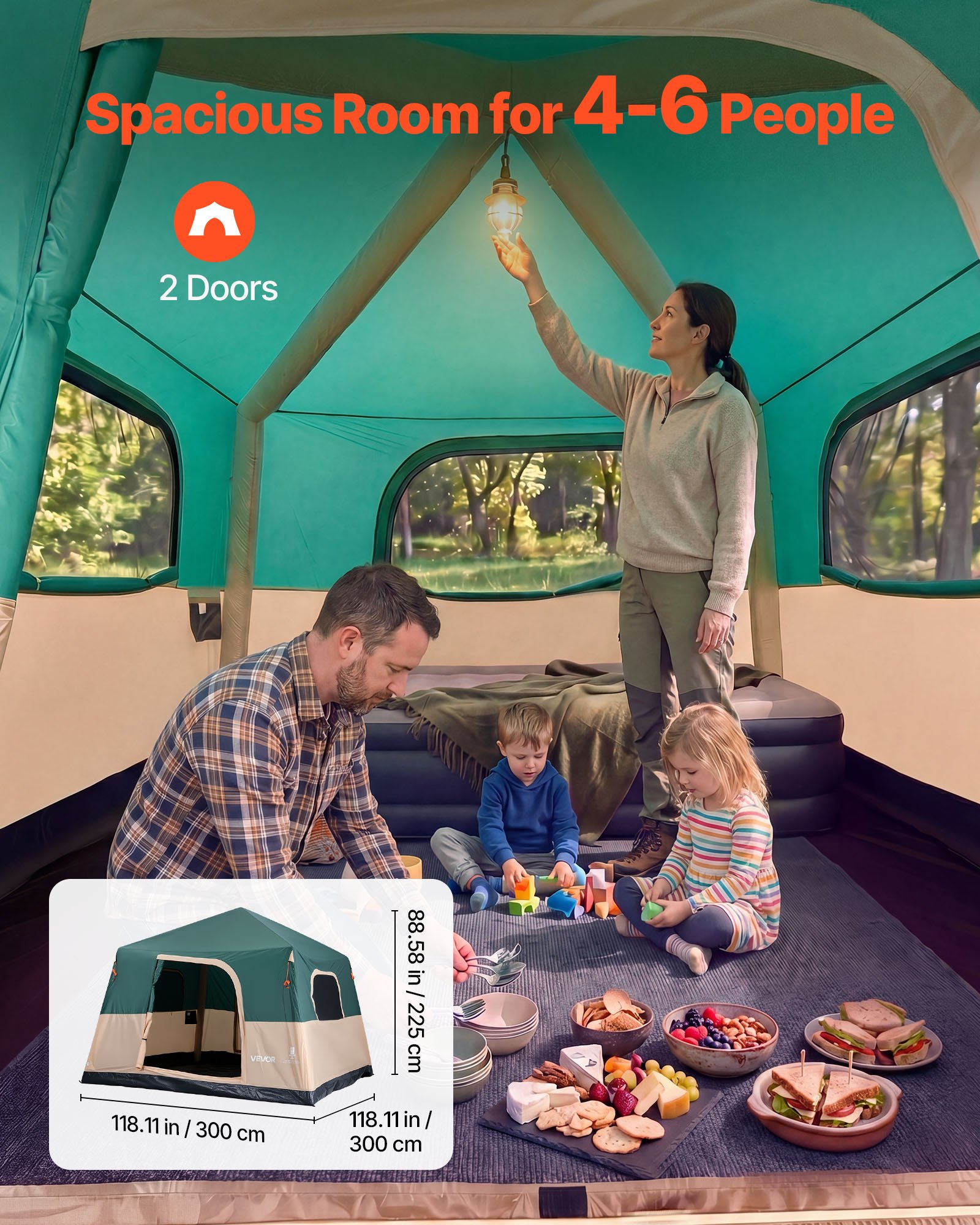 VEVOR Tienda de Campaña Inflable para 4-6 Personas, Tienda de Campaña de Inflado Automático con Batería Recargable, Impermeable y Portátil con Bolsa de Almacenamiento, para Familia Viajes Acampada