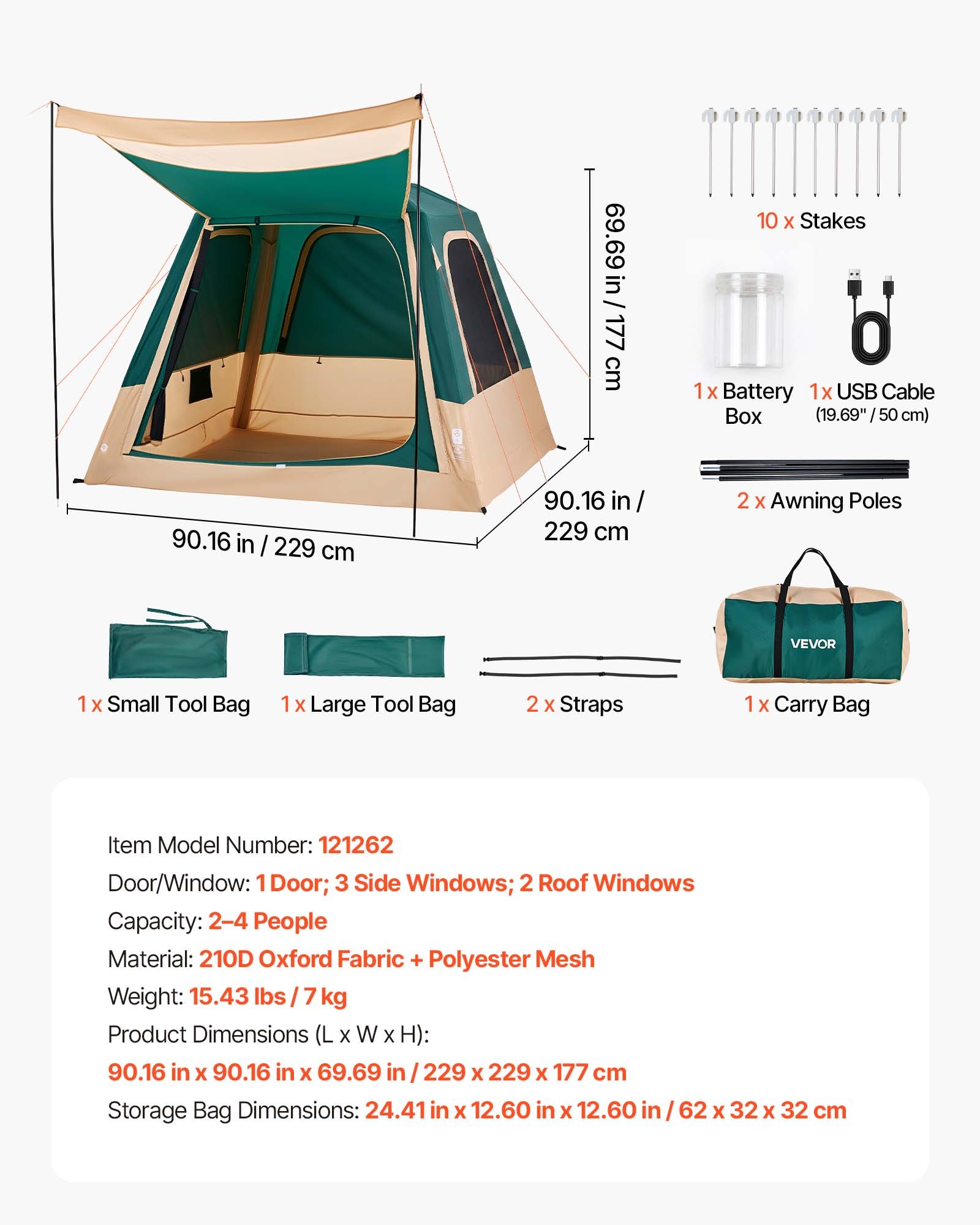 VEVOR Tienda de Campaña Inflable para 4 Personas, Tienda de Campaña con Bomba Recargable, Ventanas de Malla, Impermeable, con Bolsa de Transporte, para Familias Glaming Viajes Outdoor, Color Verde