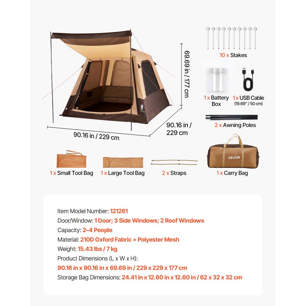 VEVOR Tienda de Campaña Inflable para 4 Personas, Tienda de Campaña de Inflado Automático, con Tubos de Aire de TPU, Impermeable y Portátil con Bolsa de Transporte, para Familia Viajes Glamping, Beige