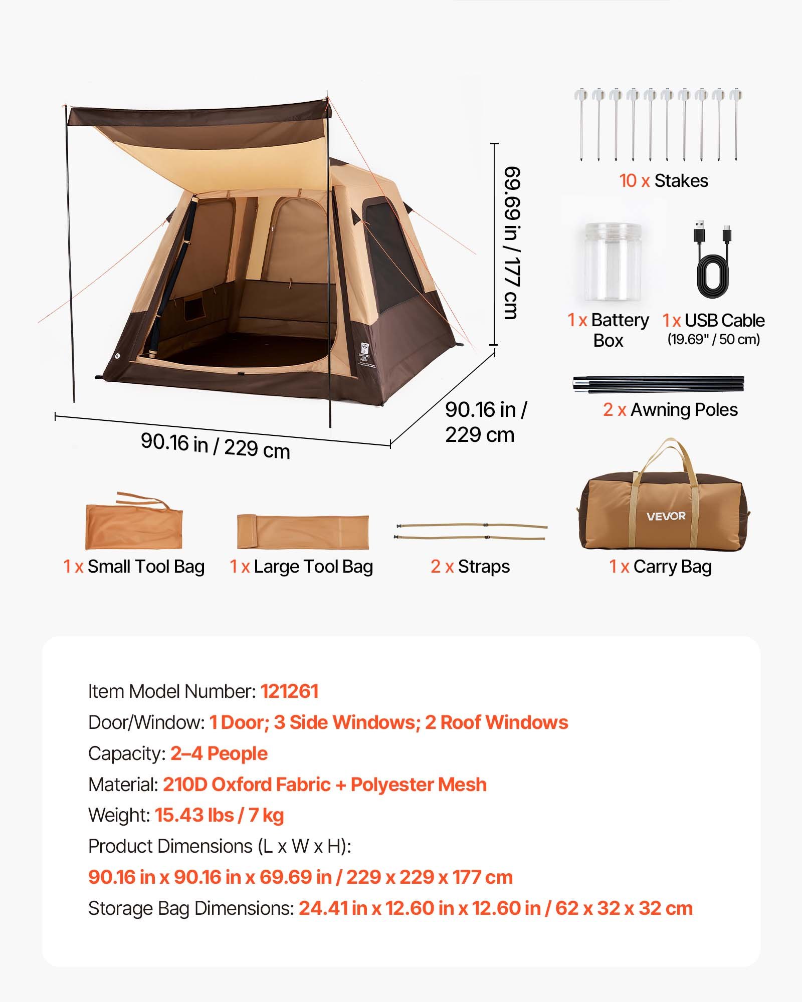 VEVOR Tienda de Campaña Inflable para 4 Personas, Tienda de Campaña de Inflado Automático, con Tubos de Aire de TPU, Impermeable y Portátil con Bolsa de Transporte, para Familia Viajes Glamping, Beige