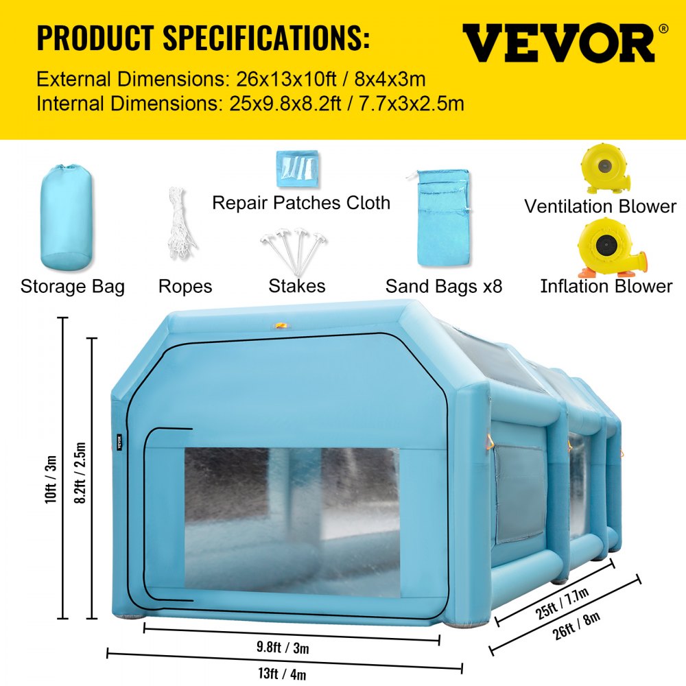 VEVOR Cabina de Pintura Inflable 8x4x3 m Carpa Hinchable Tela Oxford 210D PVC Soplador de Inflado 950 W Ventilador 330 W Cabina de Garaje Inflable Portátil Azul Carpa para Automóvil Camping Feria
