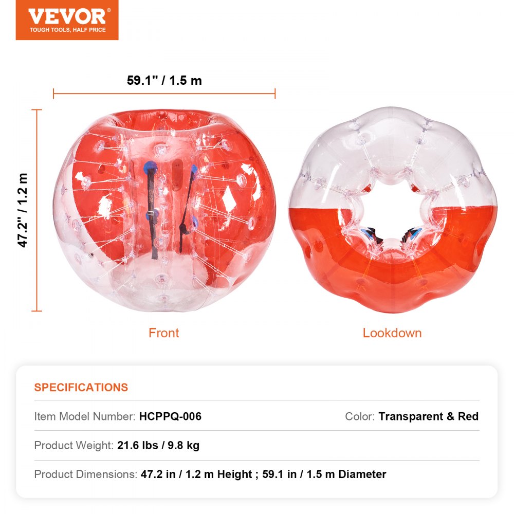 VEVOR Bola de Choque Inflable Bola de Choque de Parachoques 1,5 m x 1,2 m Bola de Colisión Humana Bola de Rebote de Burbuja de Cuerpo de PVC Transparente + Bola de Parachoques Inflable Roja