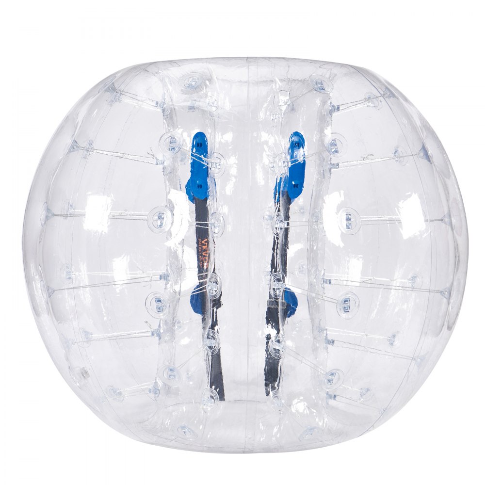 Pelota de choque inflable VEVOR transparente con asas azules y correas negras internas sobre un fondo blanco.