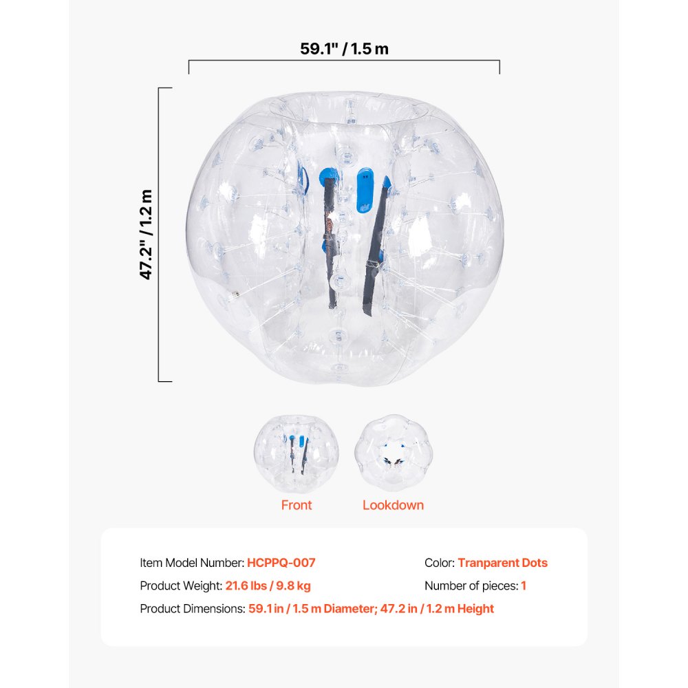 VEVOR Bola de choque inflable Bola de choque de parachoques 1 pieza 1,5 m x 1,2 m Bola de colisión humana Bola de rebote de burbujas de cuerpo de PVC Bola de parachoques inflable transparente
