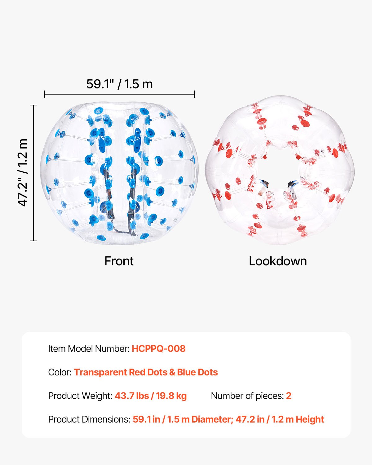 VEVOR 2 pelotas de parachoques inflables de 1,5 m x 1,2 m, pelota de rebote inflable con cuerpo de PVC para actividades al aire libre, pelota de parachoques inflable de puntos rojo y azul