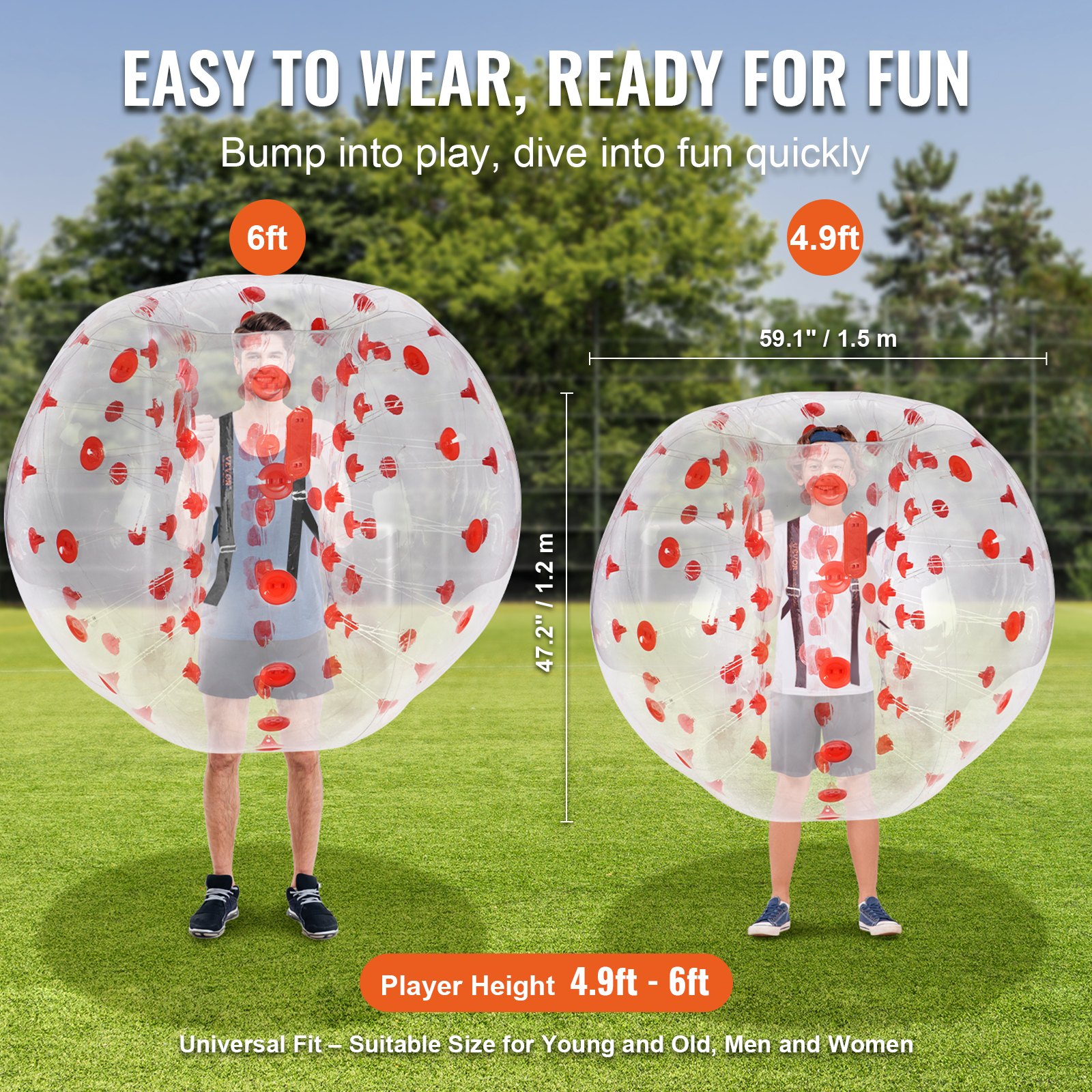 VEVOR Inflatable Bump Ball, 1 pc., 1.5 mx 1.2 m, Human Collision Ball, PVC Body Bubble Bounce Ball for Outdoor Activities, Transparent + Red Dots