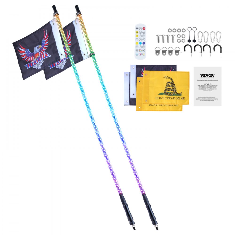VEVOR 2-Pack Whip Lights, LED Whip Lights with App & RF Remote Control, Waterproof 360° Spiral RGB Tracking Light Whip with 4 Flags, 60-inch LED Whip Light for UTVs, ATVs, RZR