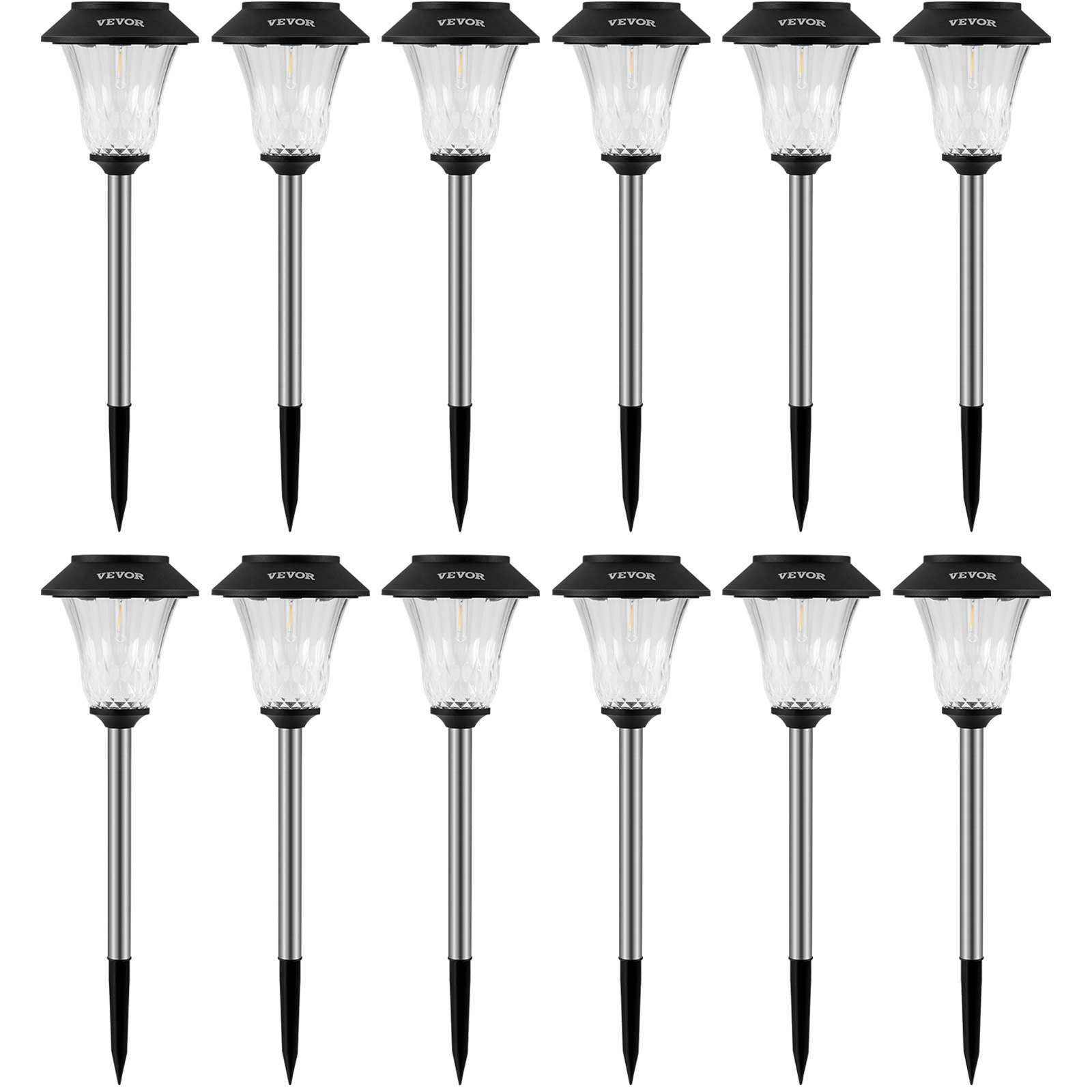 VEVOR Luces solares para jardín impermeable IP44 Lámparas solares para camisas, 12 piezas, panel solar de poliéster, faros solares y exteriores de acero