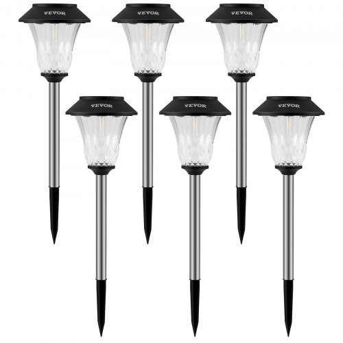 VEVOR Luces Solares para Jardín Impermeable IP44 Lámparas Solares para Caminos 6 Piezas Panel Solar de Polisilicio Farolas Solares Exterior Acero Inoxidable Negro para Camino Césped Escalón Pasillo