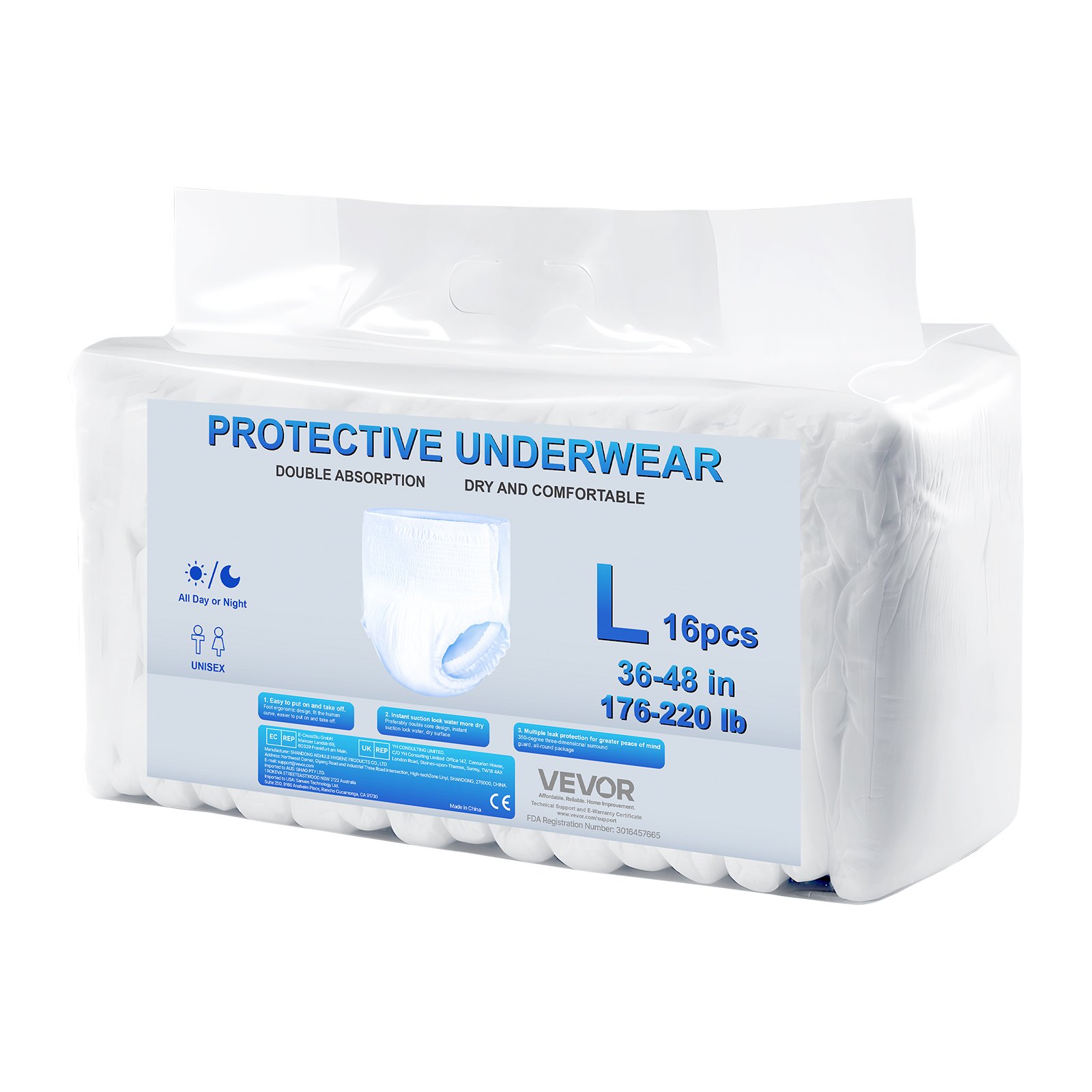 VEVOR Ropa Interior para Adultos para Incontinencia, 1000 ml Alta Absorción, Previene Eficazmente las Fugas Laterales, con Puños Antifugas e Indicador Humedad, Talla L, 64 uds, 700 x 800 x 20 mm