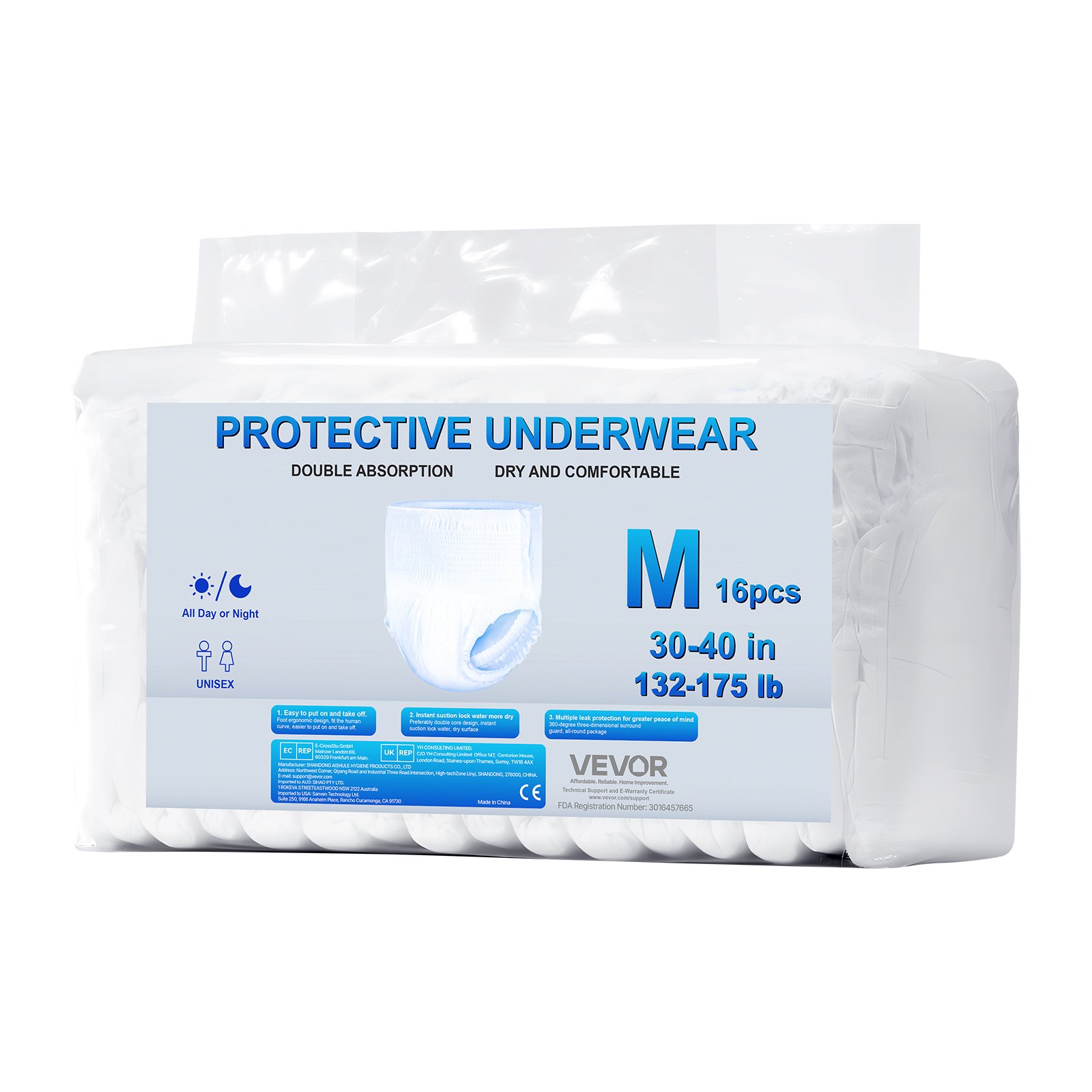 VEVOR Ropa Interior para Adultos para Incontinencia, Alta Absorción, Pañales Desechables Tipo Pull-Up Unisex con Puños Antifugas e Indicador de Humedad, Talla M, 64 Unidades, 650 x 730 x 20 mm