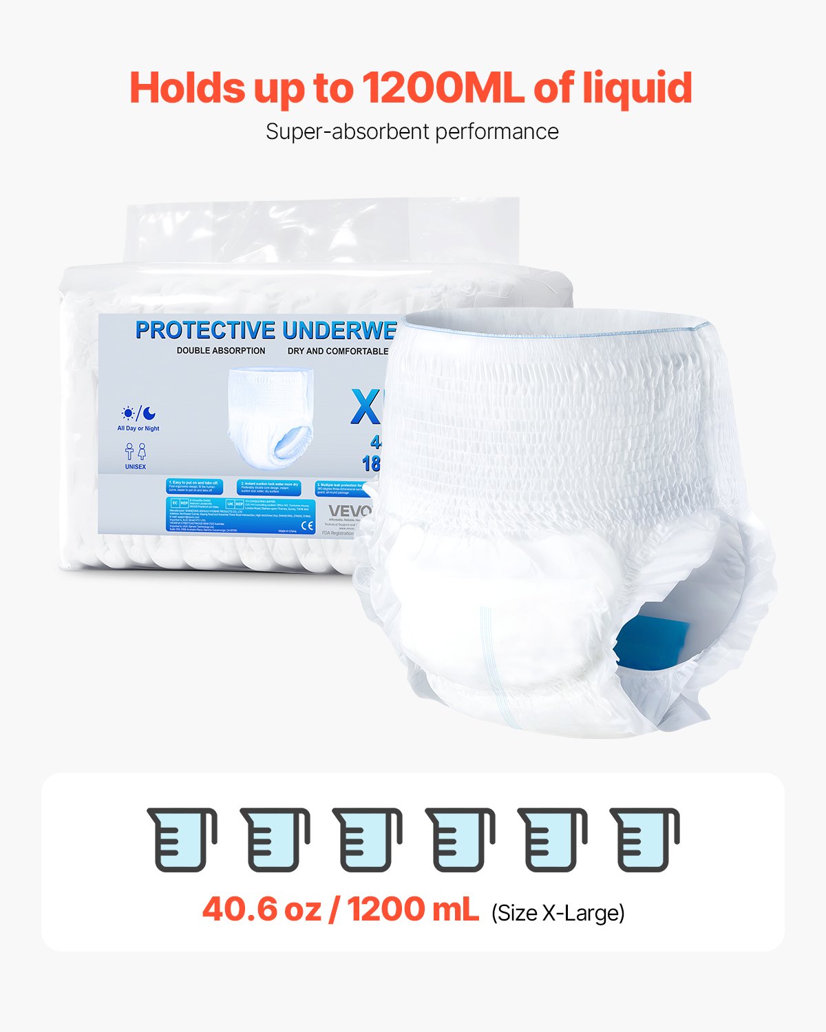 VEVOR Incontinence Pants for Adults, Disposable Portable Pants for Men & Women, Disposable Pull-Up Diaper with Leak-Proof Leg Cuffs & Wetness Indicator – Size XL, 64 pcs (4 packs of 16 pcs each)
