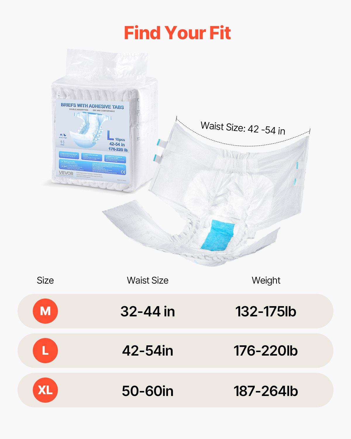 VEVOR Incontinence Briefs for Adults with Tabs, Incontinence Pants, Disposable Diapers with Leak-Proof 3D All-Around Protection & Wetness Indicator – Size L, 40 Pieces (4 Packs of 10 Pieces)