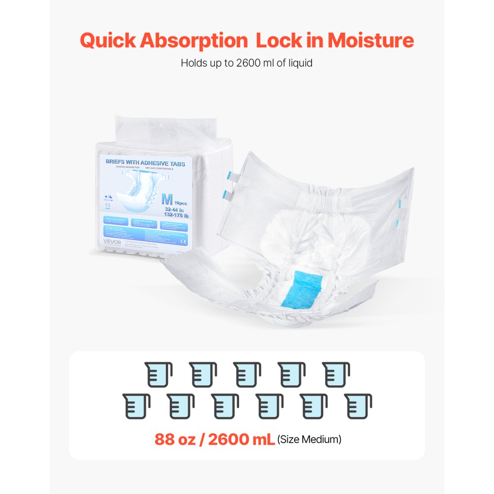 VEVOR Incontinence Briefs for Adults with Tabs, Incontinence Pants, Disposable Diapers with Leak-Proof 3D All-Around Protection & Wetness Indicator – Size M, 40 pcs (4 packs of 10 pcs each)