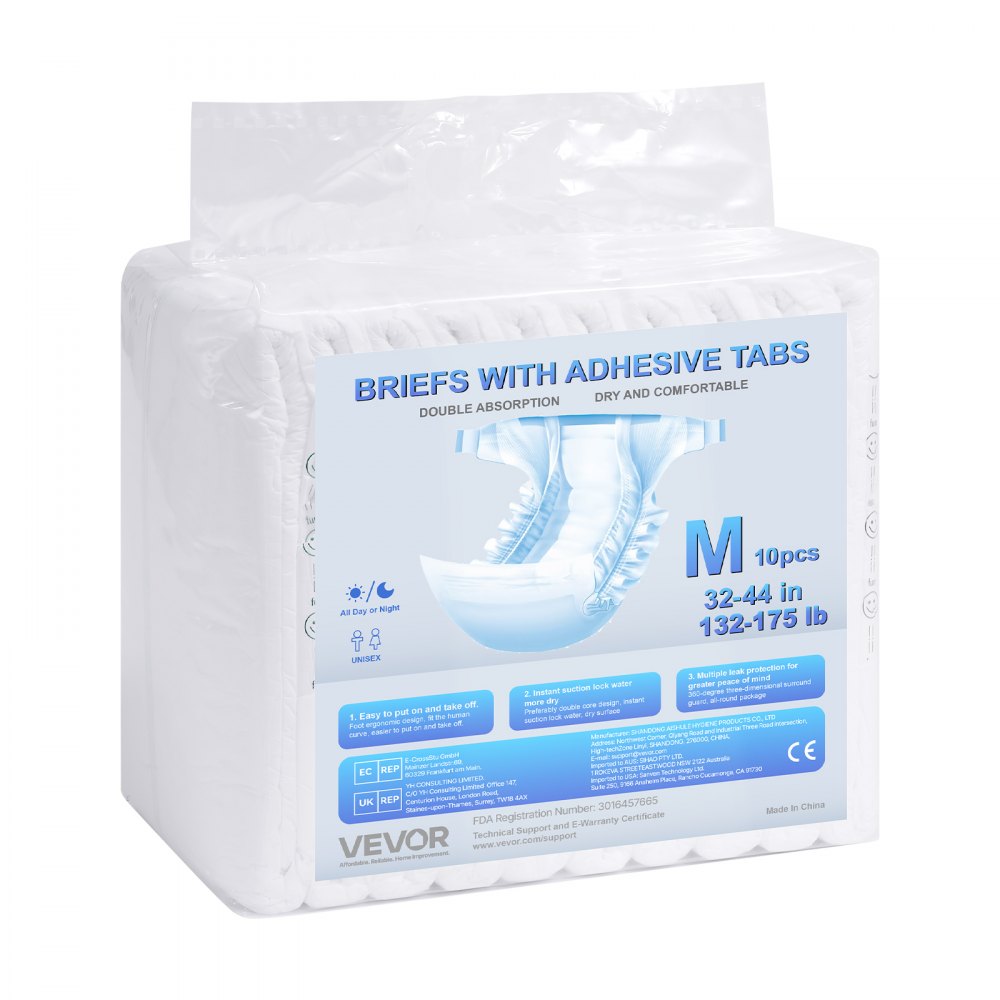 VEVOR Incontinence Briefs for Adults with Tabs, Incontinence Pants, Disposable Diapers with Leak-Proof 3D All-Around Protection & Wetness Indicator – Size M, 40 pcs (4 packs of 10 pcs each)