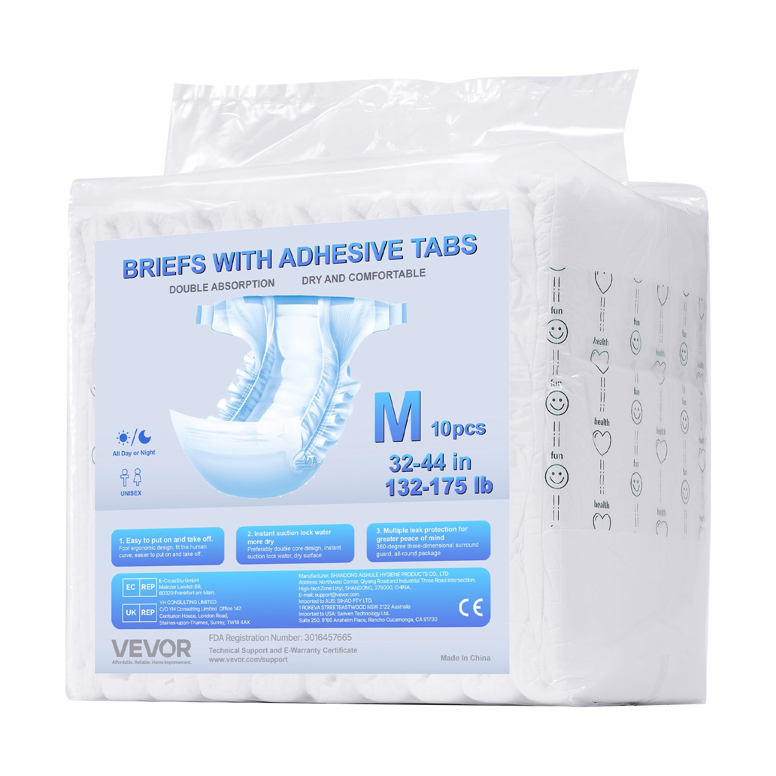 VEVOR Incontinence Briefs for Adults with Tabs, Incontinence Pants, Disposable Diapers with Leak-Proof 3D All-Around Protection & Wetness Indicator – Size M, 40 pcs (4 packs of 10 pcs each)