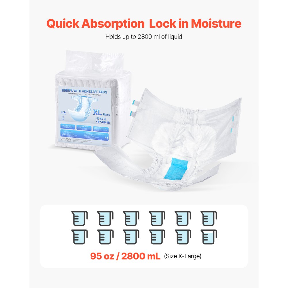 VEVOR Adult Incontinence Briefs with Tabs, Disposable Adult Panties with Leak-Proof 3D All-Around Protection & Wetness Indicator – Size XL, 40 pcs (4 packs of 10 pcs)