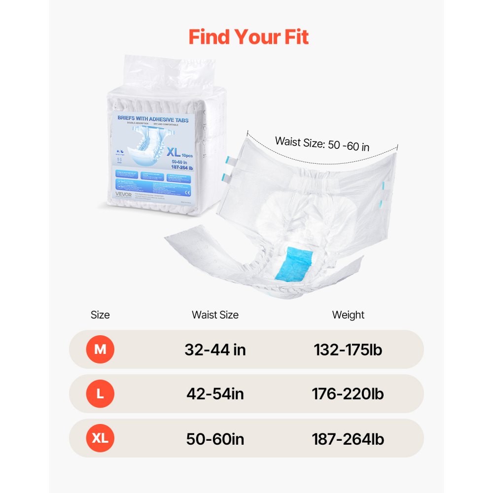 VEVOR Adult Incontinence Briefs with Tabs, Disposable Adult Panties with Leak-Proof 3D All-Around Protection & Wetness Indicator – Size XL, 40 pcs (4 packs of 10 pcs)