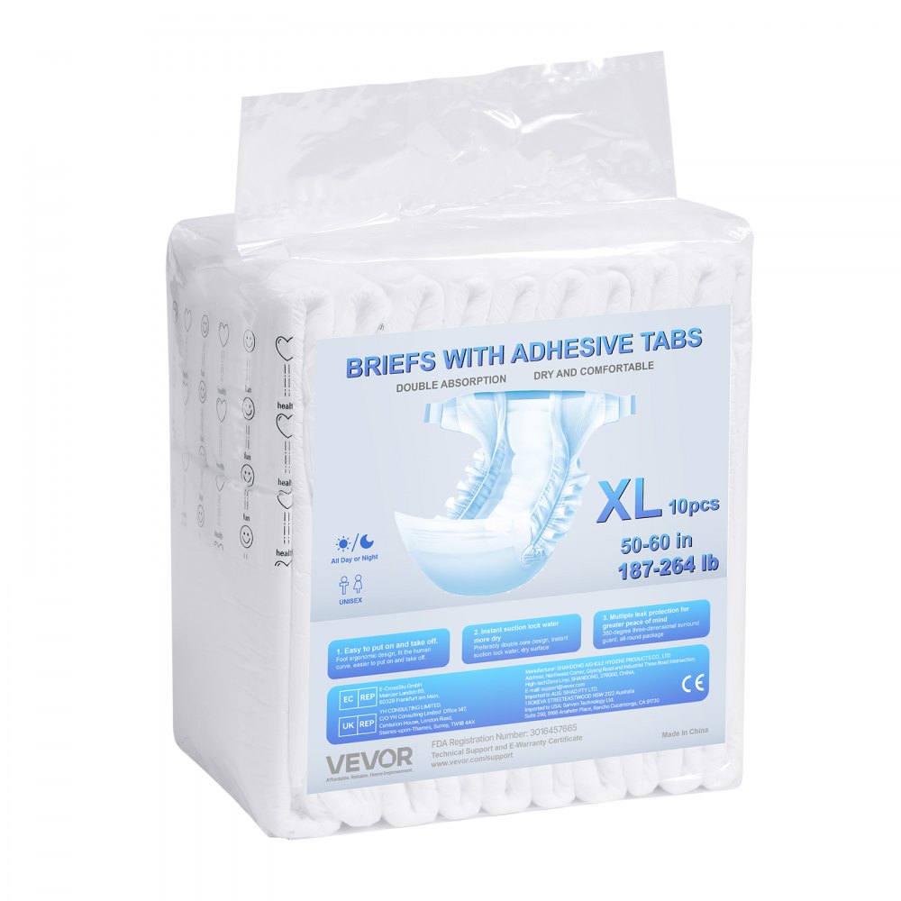 VEVOR Adult Incontinence Briefs with Tabs, Disposable Adult Panties with Leak-Proof 3D All-Around Protection & Wetness Indicator – Size XL, 40 pcs (4 packs of 10 pcs)
