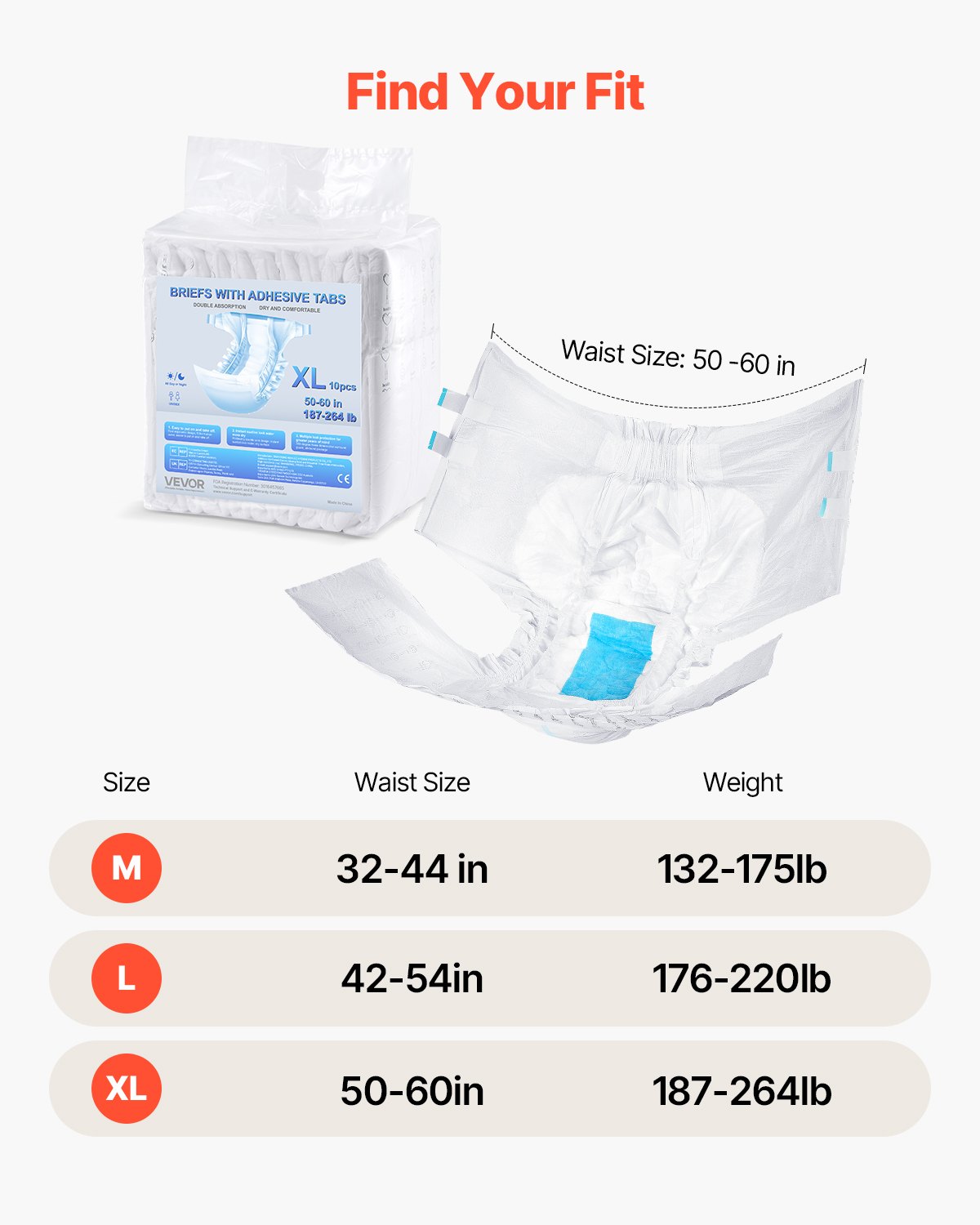 VEVOR Adult Incontinence Briefs with Tabs, Disposable Adult Panties with Leak-Proof 3D All-Around Protection & Wetness Indicator – Size XL, 40 pcs (4 packs of 10 pcs)