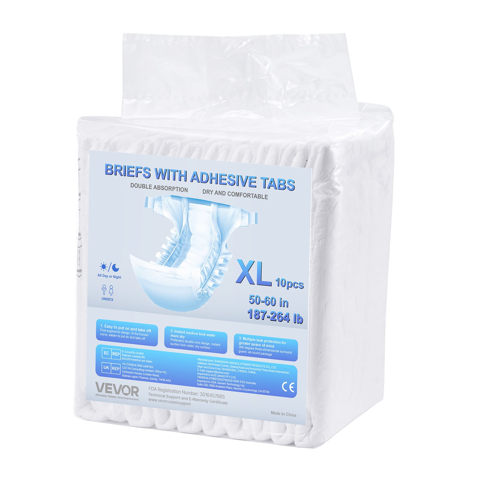 VEVOR Adult Incontinence Briefs with Tabs, Disposable Adult Panties with Leak-Proof 3D All-Around Protection & Wetness Indicator – Size XL, 40 pcs (4 packs of 10 pcs)