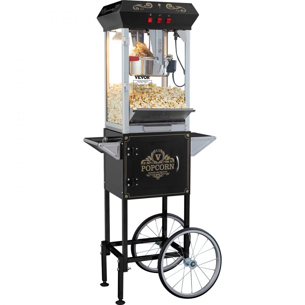 VEVOR Popcorn Machine with Cart, 850W, 8oz Kettle for 48 Cups per Load, Tempered Glass Popcorn Maker with 4 Scoops, Cinema Style Restaurant, Black