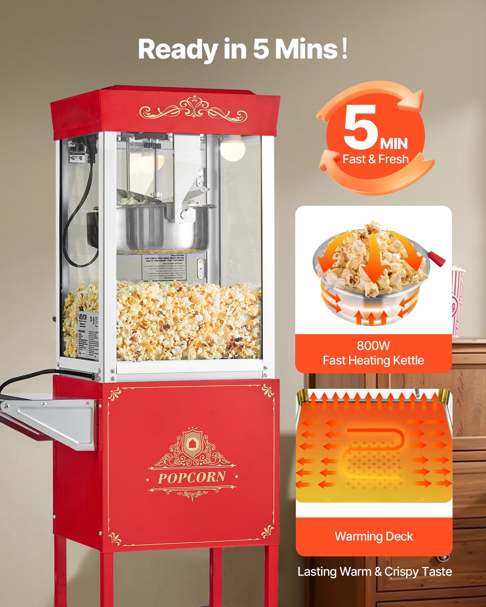 VEVOR Popcorn Machine with Cart, 0.2kg Stainless Steel Kettle, 800W Commercial Popcorn Maker, 48 Cups per Batch Theater Style Popper, with 2-Button Control Glass Wall PC Door 1 Scoop 3 Spoons, Red