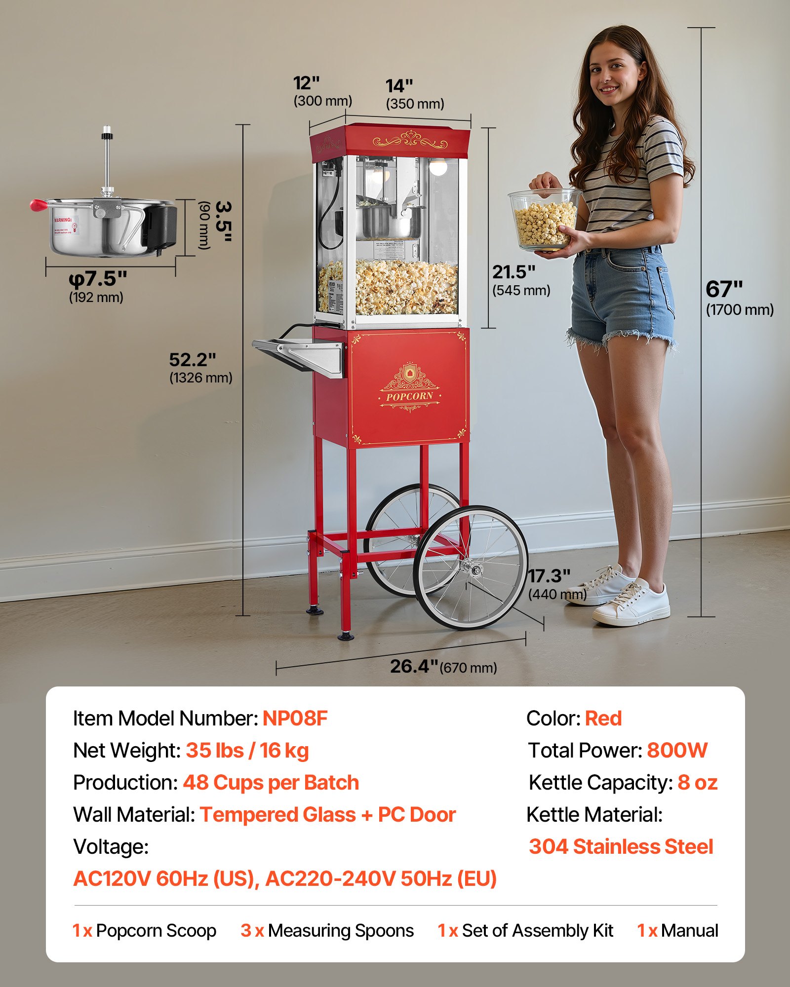 VEVOR Popcorn Machine with Cart, 0.2kg Stainless Steel Kettle, 800W Commercial Popcorn Maker, 48 Cups per Batch Theater Style Popper, with 2-Button Control Glass Wall PC Door 1 Scoop 3 Spoons, Red