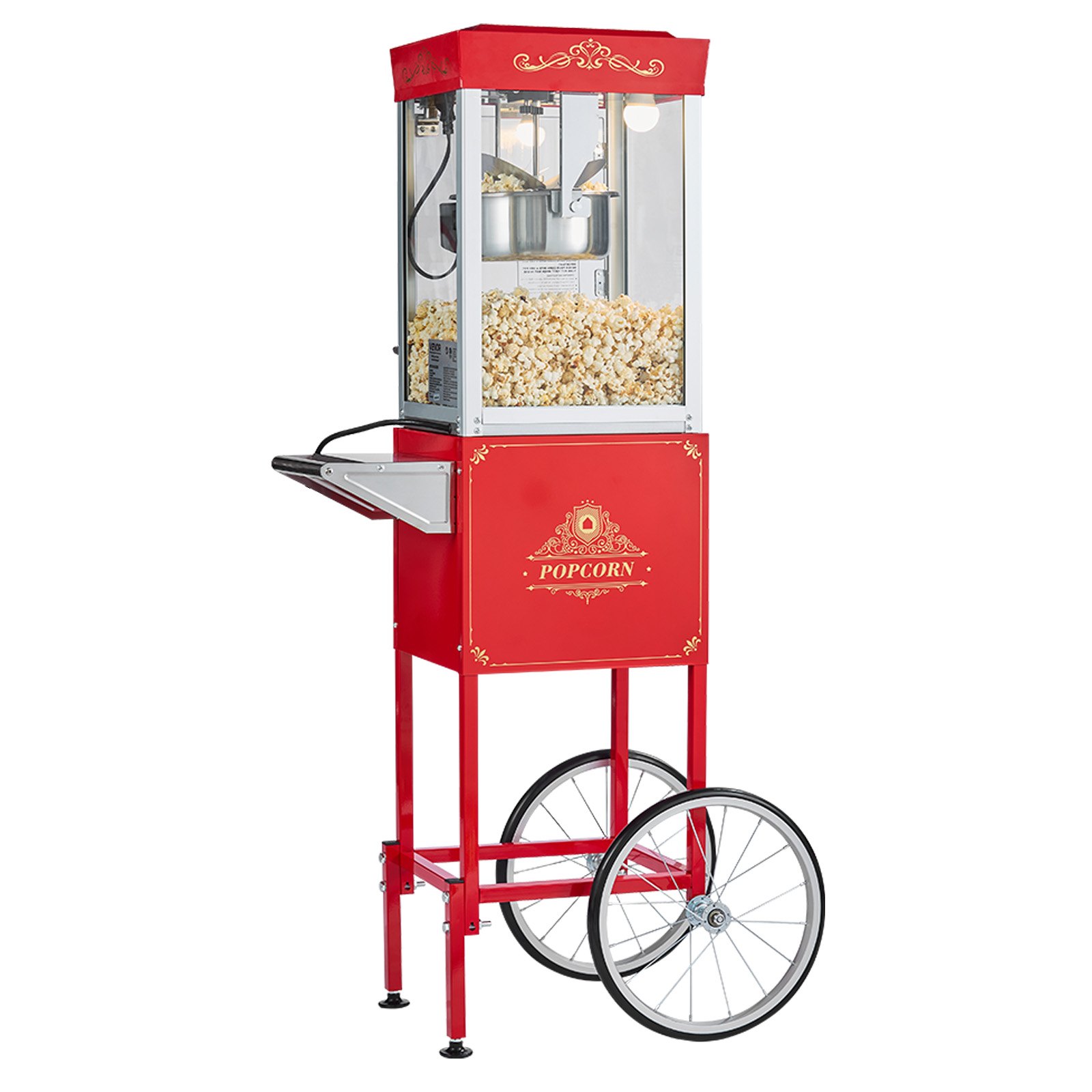 VEVOR Popcorn Machine with Cart, 0.2kg Stainless Steel Kettle, 800W Commercial Popcorn Maker, 48 Cups per Batch Theater Style Popper, with 2-Button Control Glass Wall PC Door 1 Scoop 3 Spoons, Red