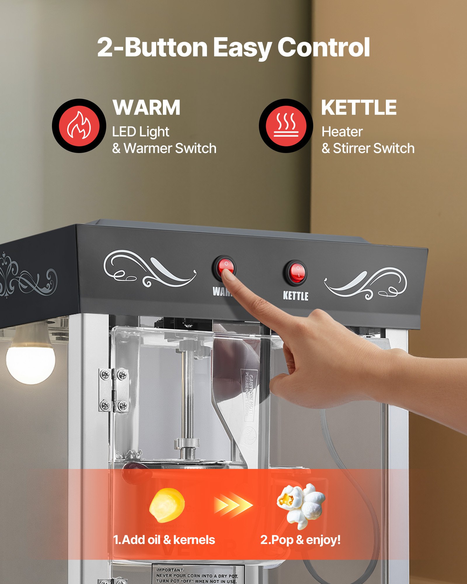 VEVOR Popcorn Machine with Cart, 0.2kg Stainless Steel Kettle, 800W Commercial Popcorn Maker, 48 Cups per Batch Theater Style Popper, with 2-Button Control Glass Wall PC Door 1 Scoop 3 Spoons, Black