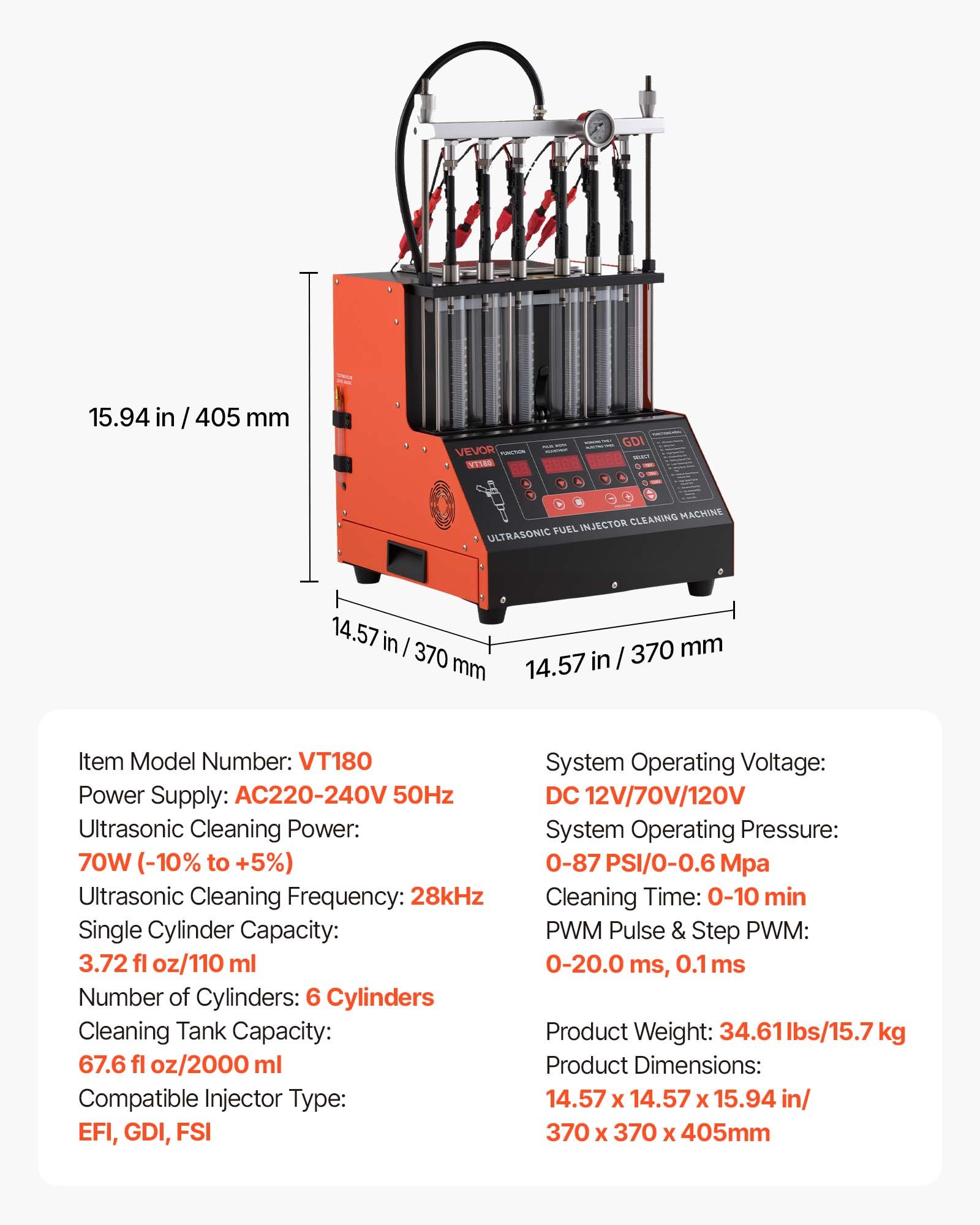 VEVOR Limpiador de Inyectores de Combustible de 6 Cilindros Máquina de Limpieza Ultrasónica 28 kHz Ajustable a 12 V/70 V/120 V para EFI/FSI/GDI, con Válvula de Drenaje para Coches, Motocicletas