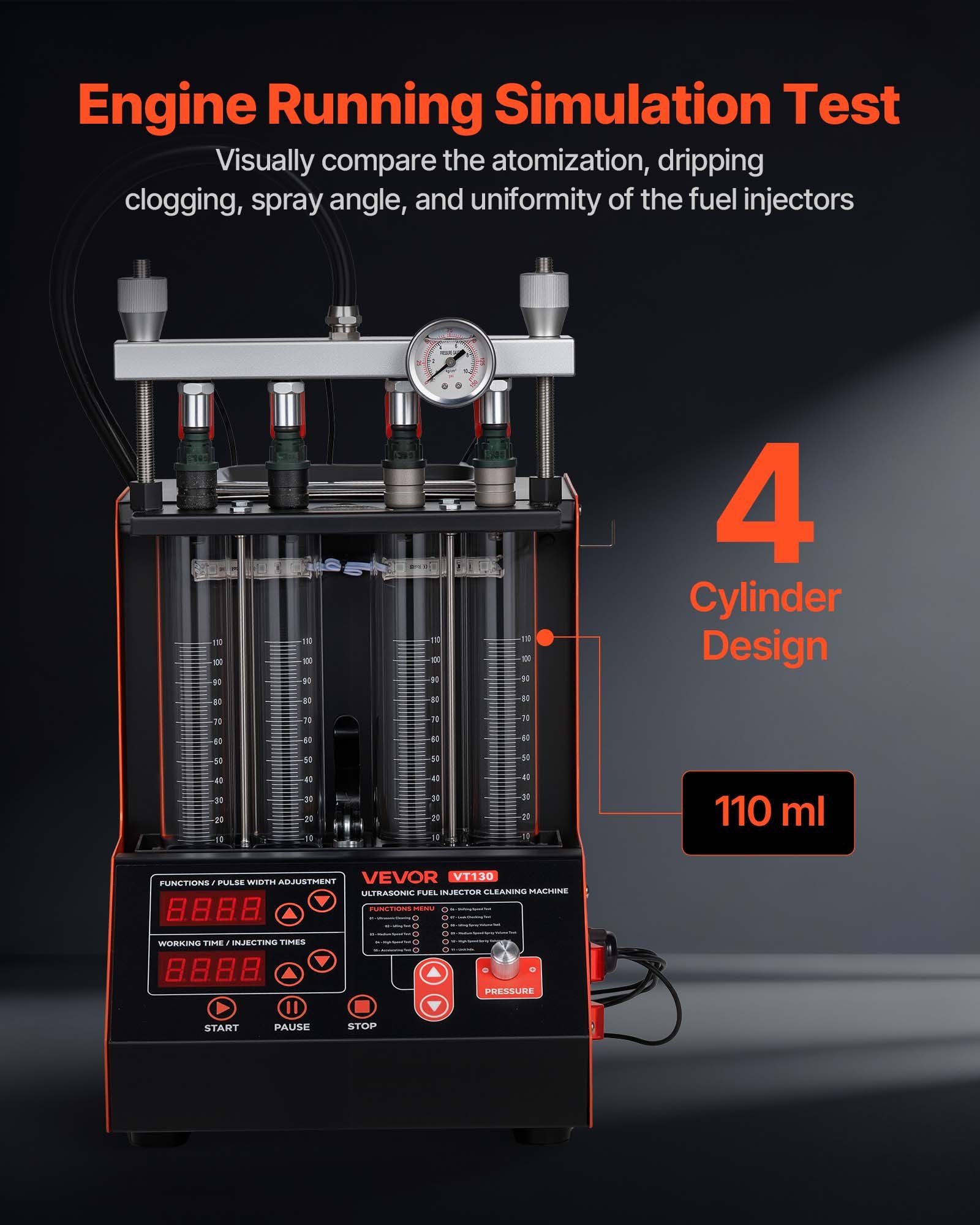 VEVOR Limpiador de Inyectores 9 Modos de Prueba 3 Modos de Limpieza, Máquina de Limpieza Ultrasónica de 4 Cilindros y 28 kHz, con Válvula de Drenaje y Voltaje de 12 V para Automóviles y Motocicletas