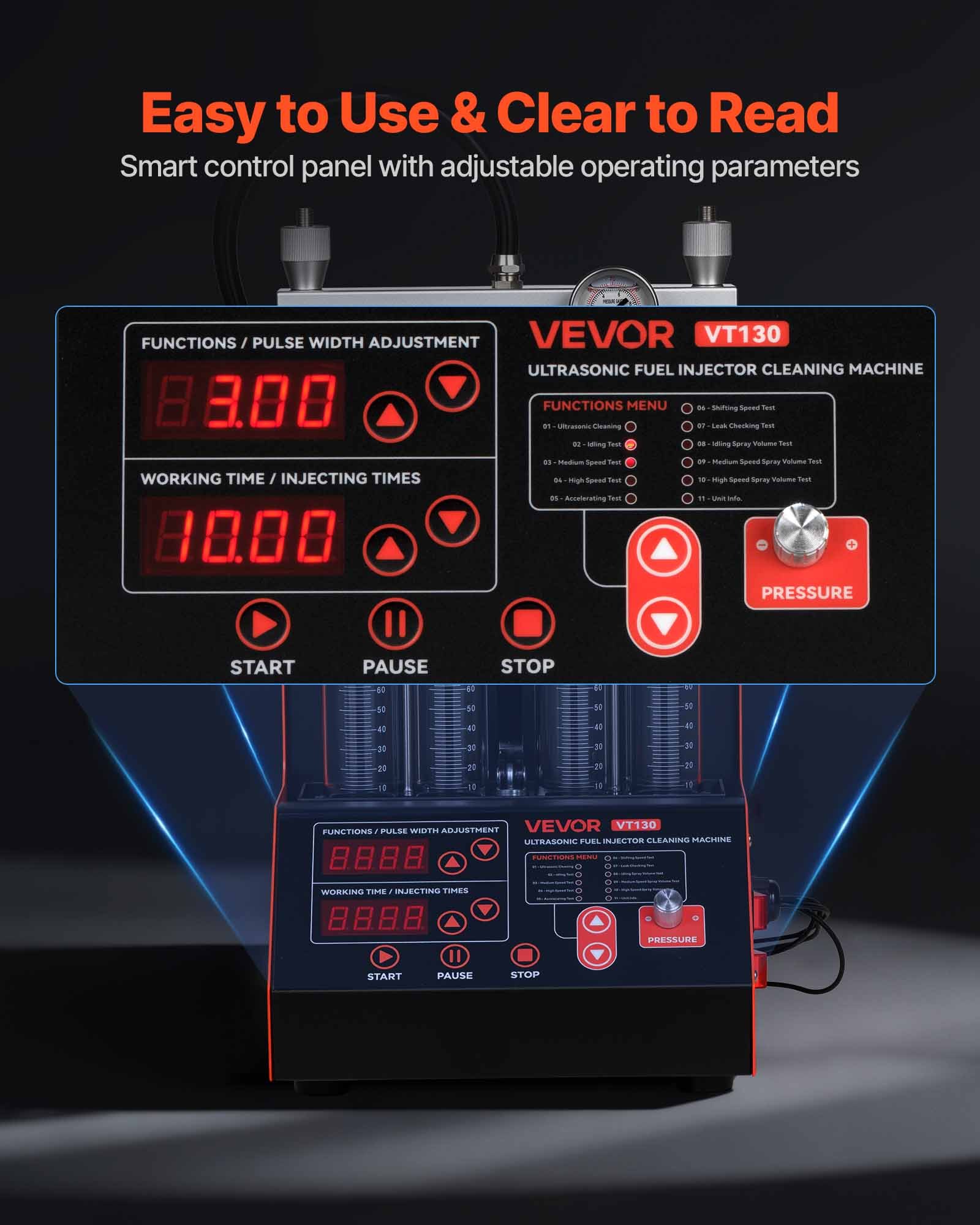 VEVOR Limpiador de Inyectores 9 Modos de Prueba 3 Modos de Limpieza, Máquina de Limpieza Ultrasónica de 4 Cilindros y 28 kHz, con Válvula de Drenaje y Voltaje de 12 V para Automóviles y Motocicletas