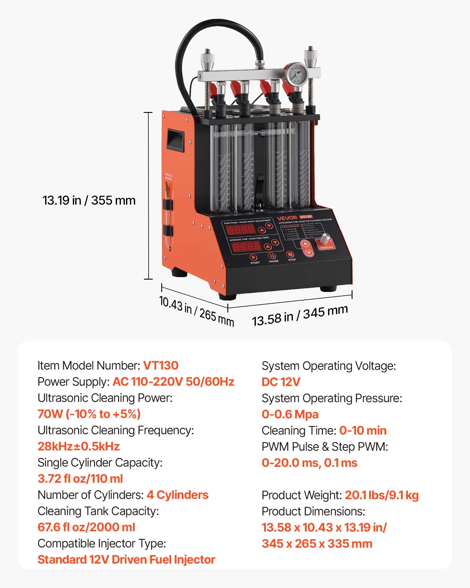VEVOR Limpiador de Inyectores 9 Modos de Prueba 3 Modos de Limpieza, Máquina de Limpieza Ultrasónica de 4 Cilindros y 28 kHz, con Válvula de Drenaje y Voltaje de 12 V para Automóviles y Motocicletas